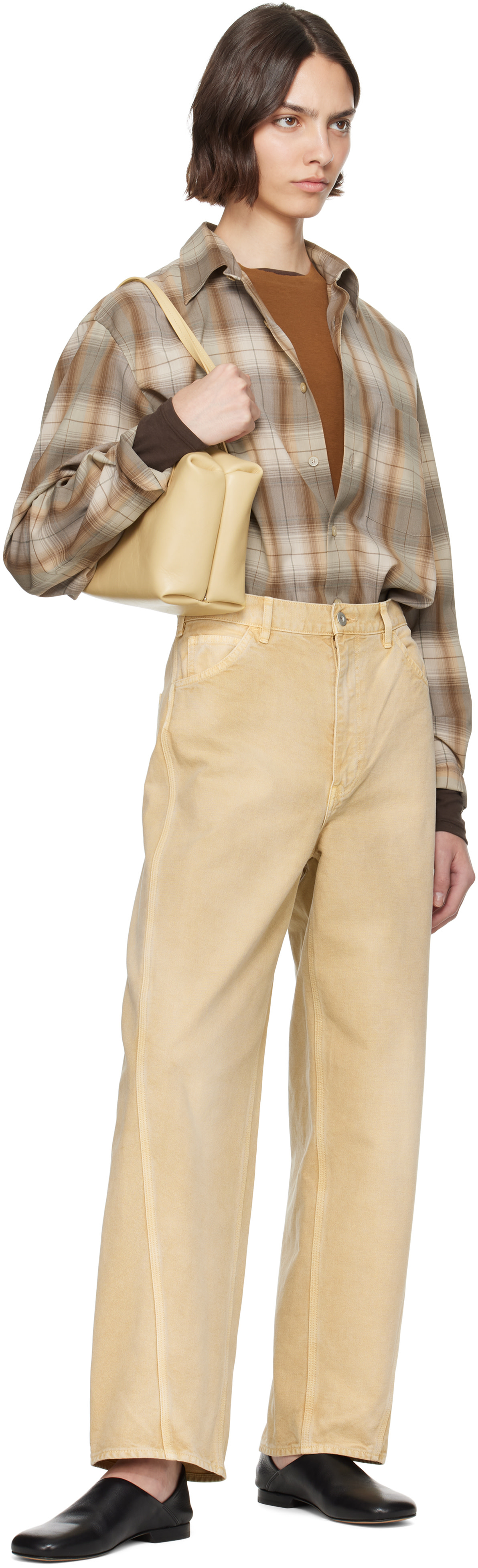 AURALEE: Brown & Gray Super Light Wool Check Shirt | SSENSE