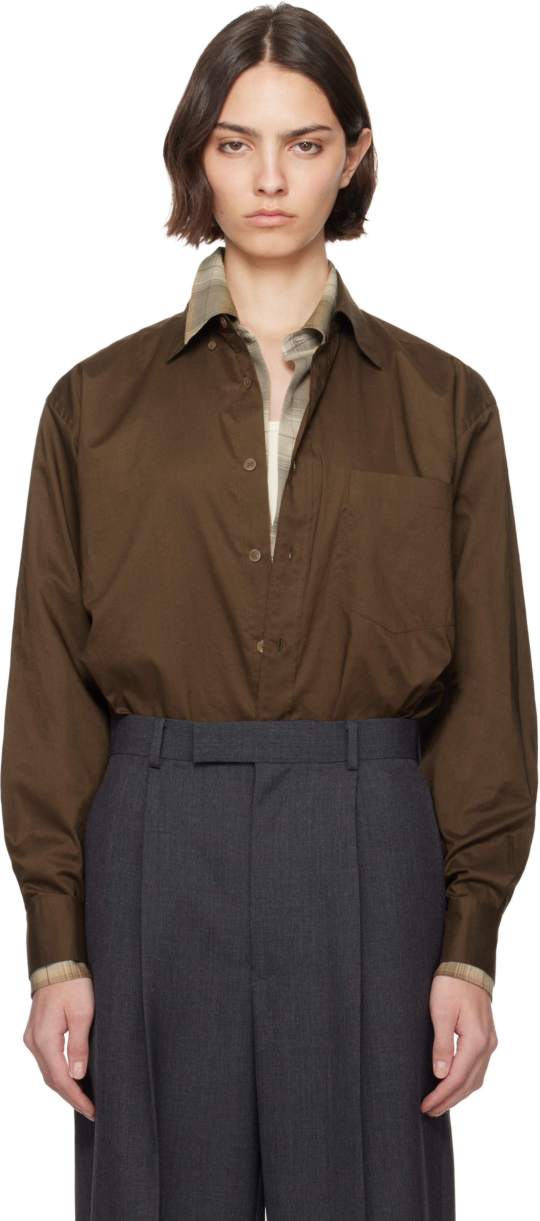 トップス WASHED FINX TYPEWRITER BUTTON DOWN SHIRT AURALEE: Brown Washed Finx Typewriter Button Down Shirt | SSENSE