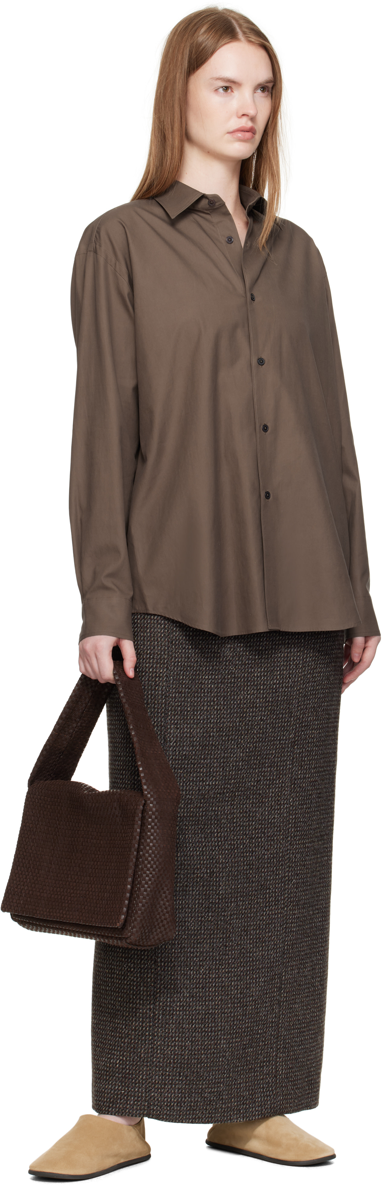 AURALEE: Brown Washed Finx Twill Shirt | SSENSE