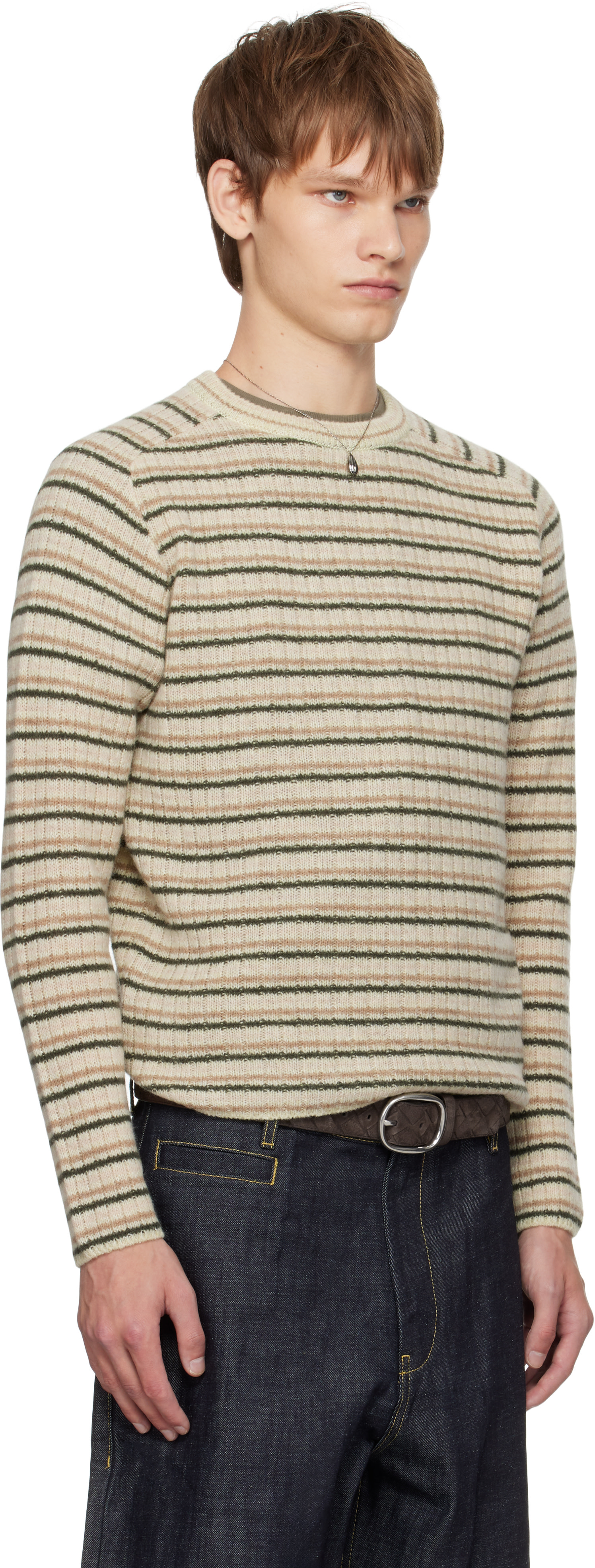 トップス AURALEE SHETLAND WOOL CASHMERE KNIT TEE AURALEE: Beige Shetland Wool Cashmere Rib Knit Sweater | SSENSE