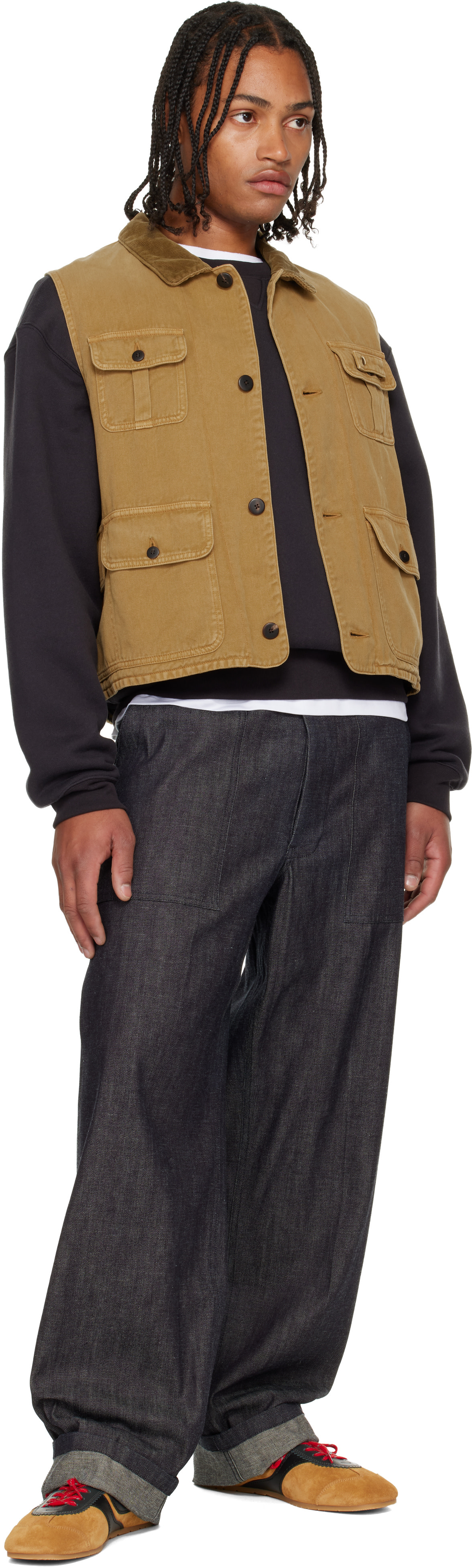 visvim: Tan Matto Hunting Denim Vest | SSENSE