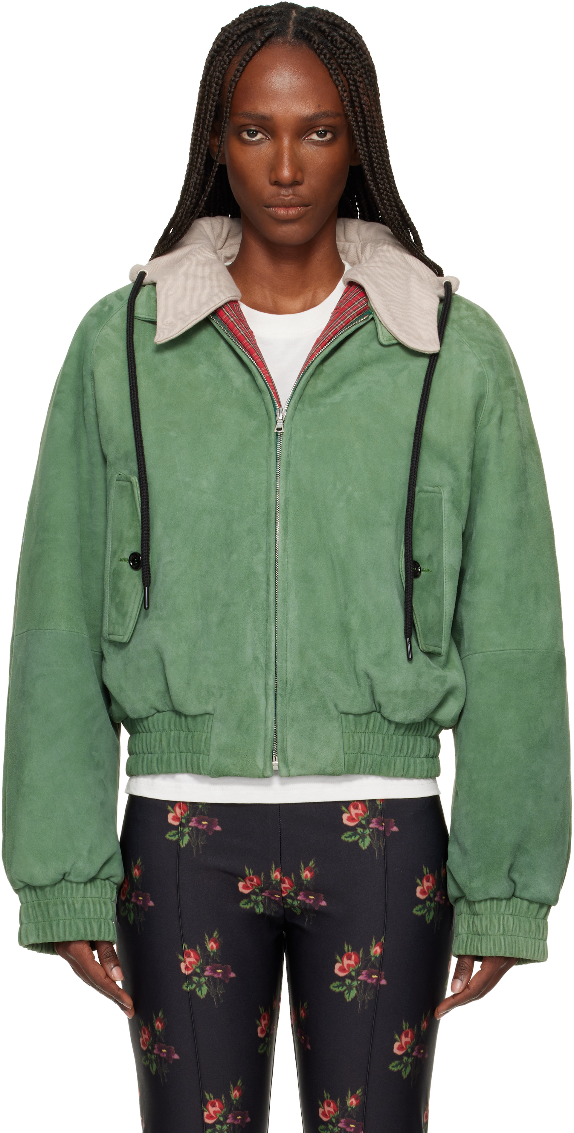 meryll rogge ジャージータートルネック Meryll Rogge: Green Detachable Hood Suede Bomber Jacket | SSENSE