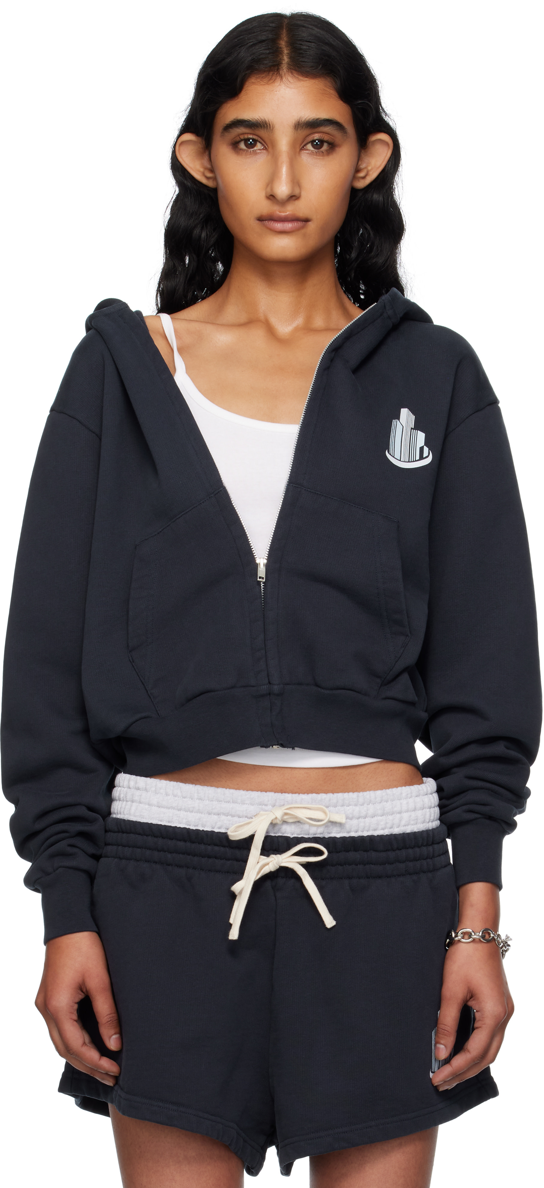 ABRA - Pull à capuche bleu marine à image de bâtiment exclusif à SSENSE