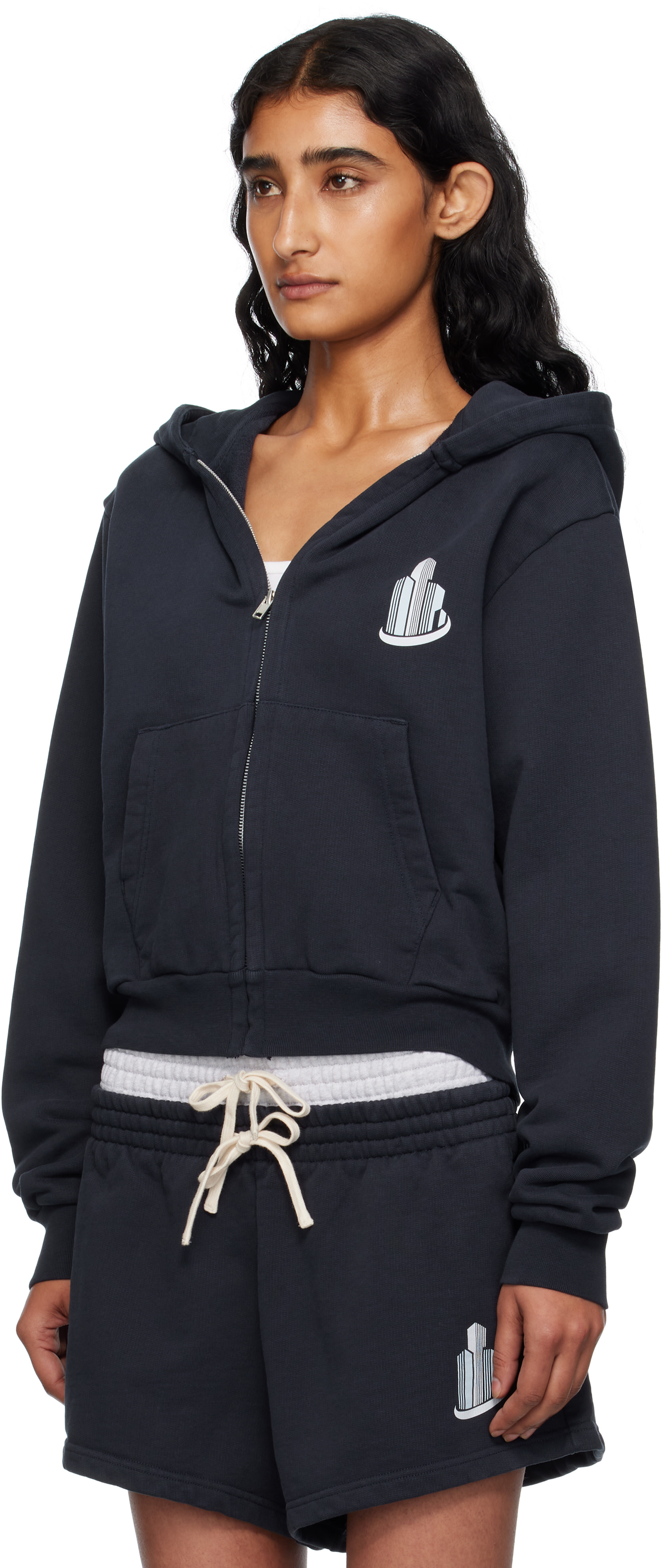 ABRA - Pull à capuche bleu marine à image de bâtiment exclusif à SSENSE