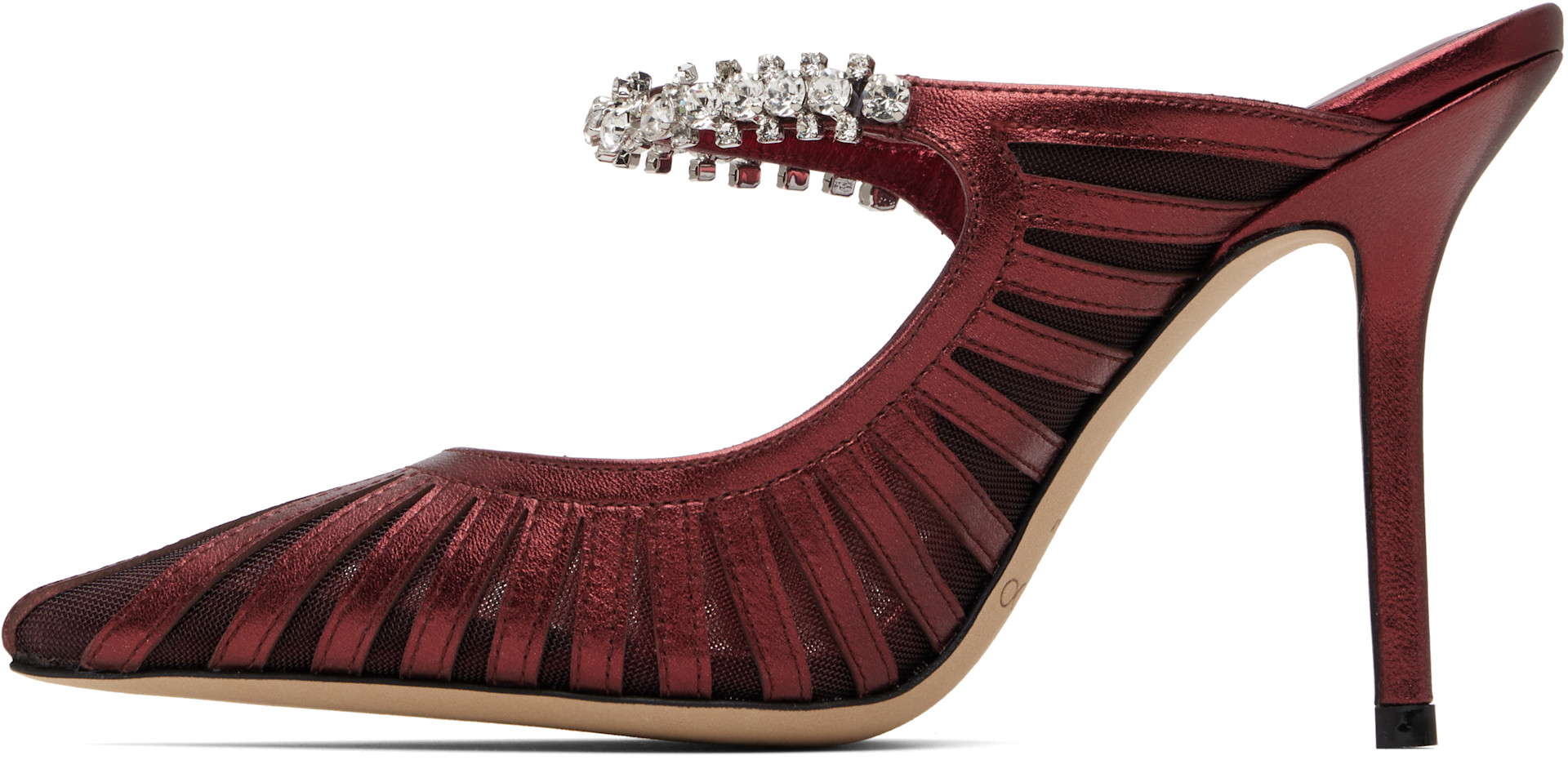 JIMMY CHOO｜Bing 100mm ビジュートリムミュール（ボルドー） Jimmy Choo: Burgundy Bing 100 Heels | SSENSE