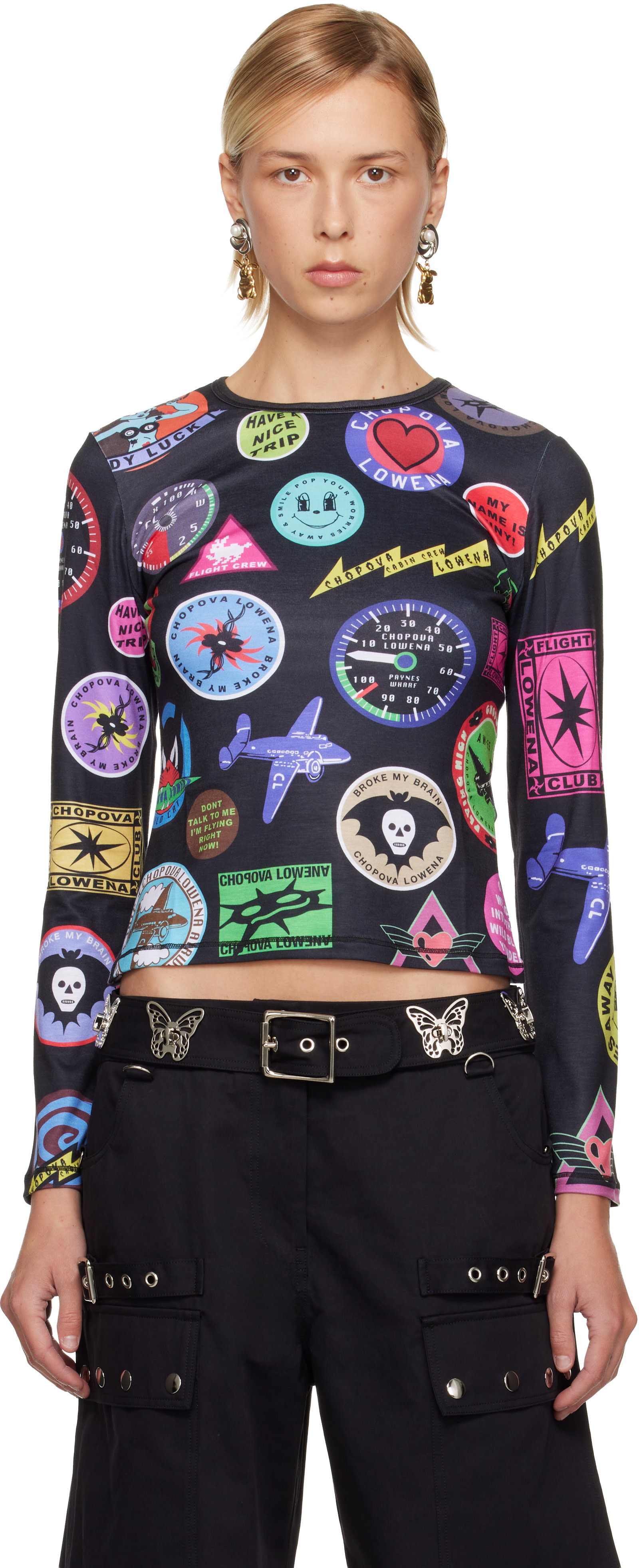 Chopova Lowena: Black Patch Print Fitted Jersey T-shirt | SSENSE 