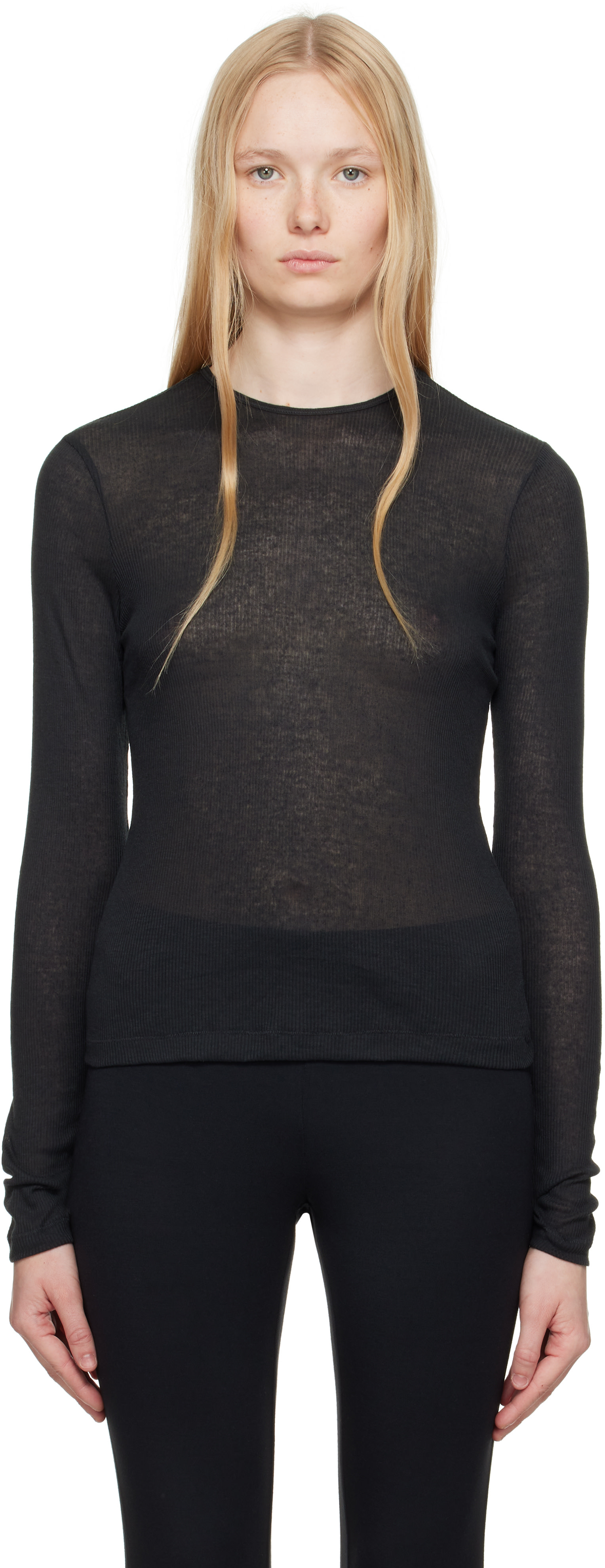 SKIMS ブラック ロングスリーブ　トップス SKIMS: ブラック Sheer Cotton 長袖トップス | SSENSE 日本
