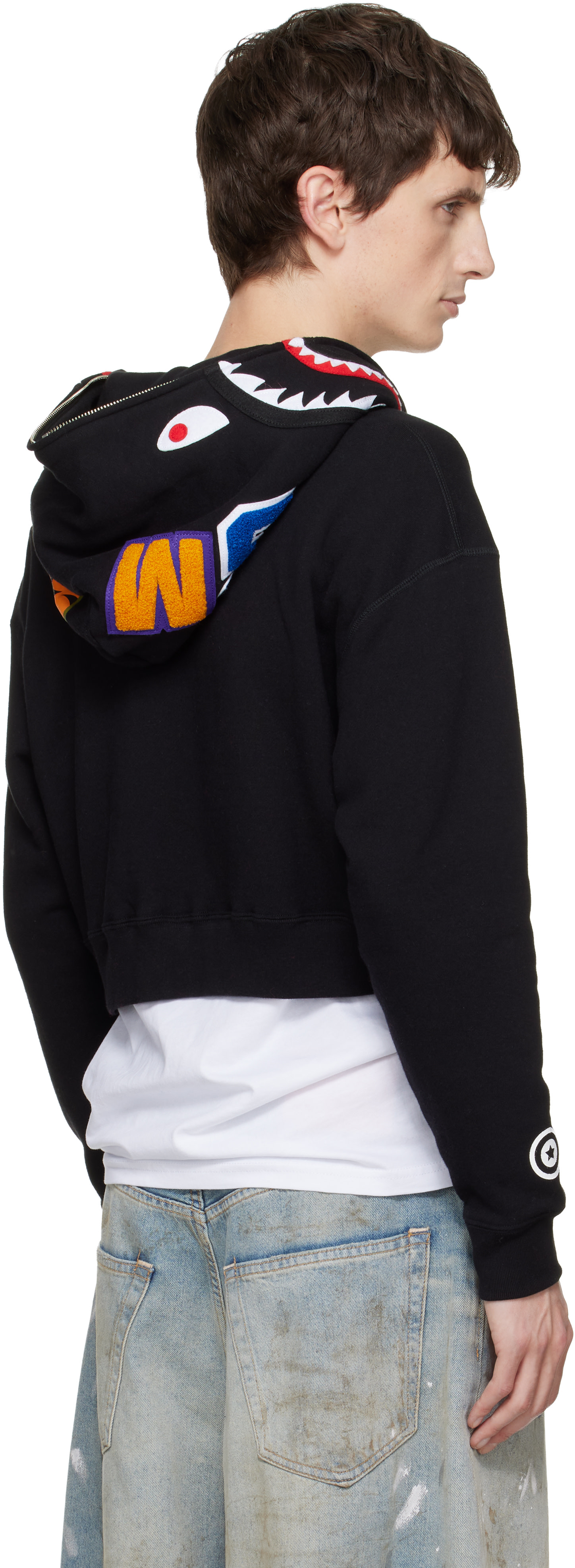 BAPE: Black Shark Cropped Full Zip Hoodie | SSENSE