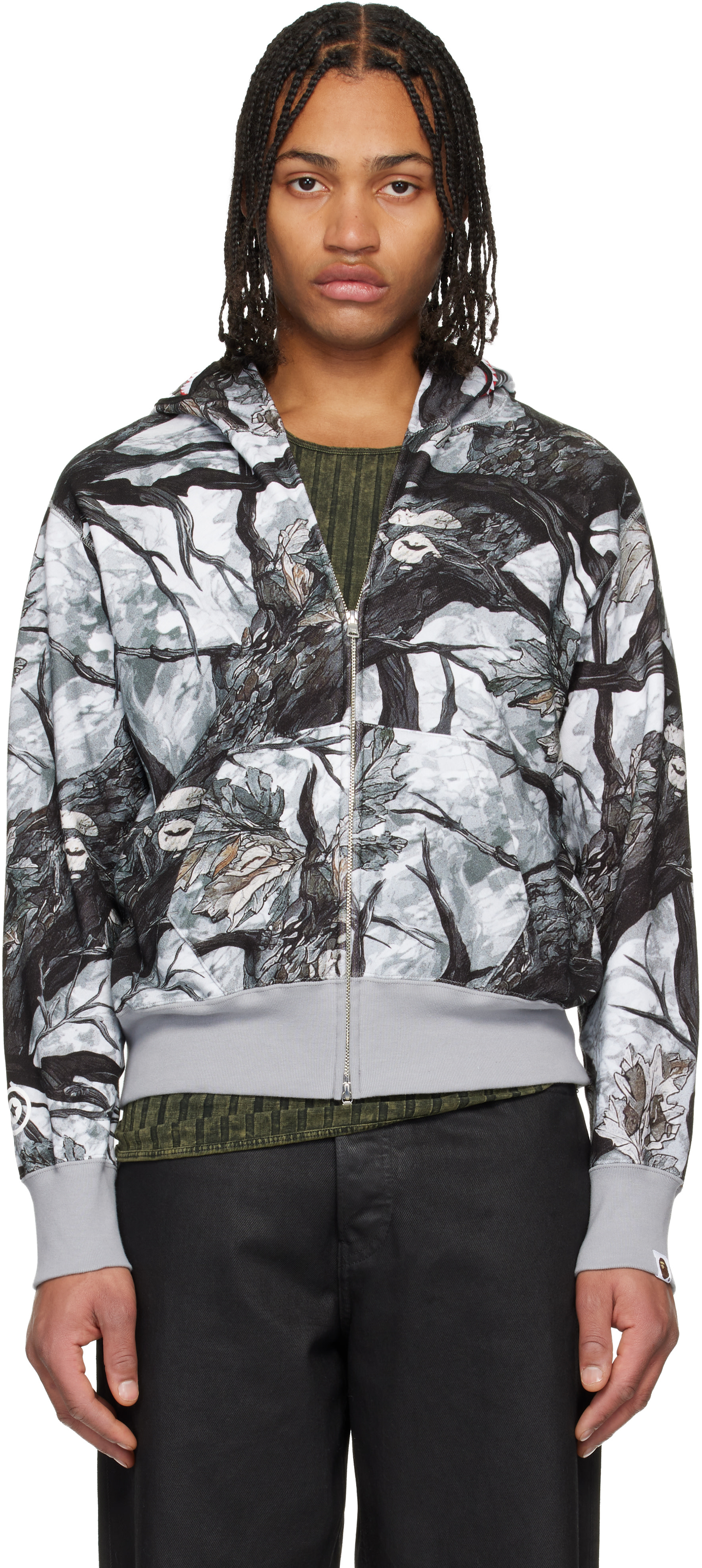 BAPE: Gray Tree Edge Camo Shark Full Zip Hoodie | SSENSE Germany