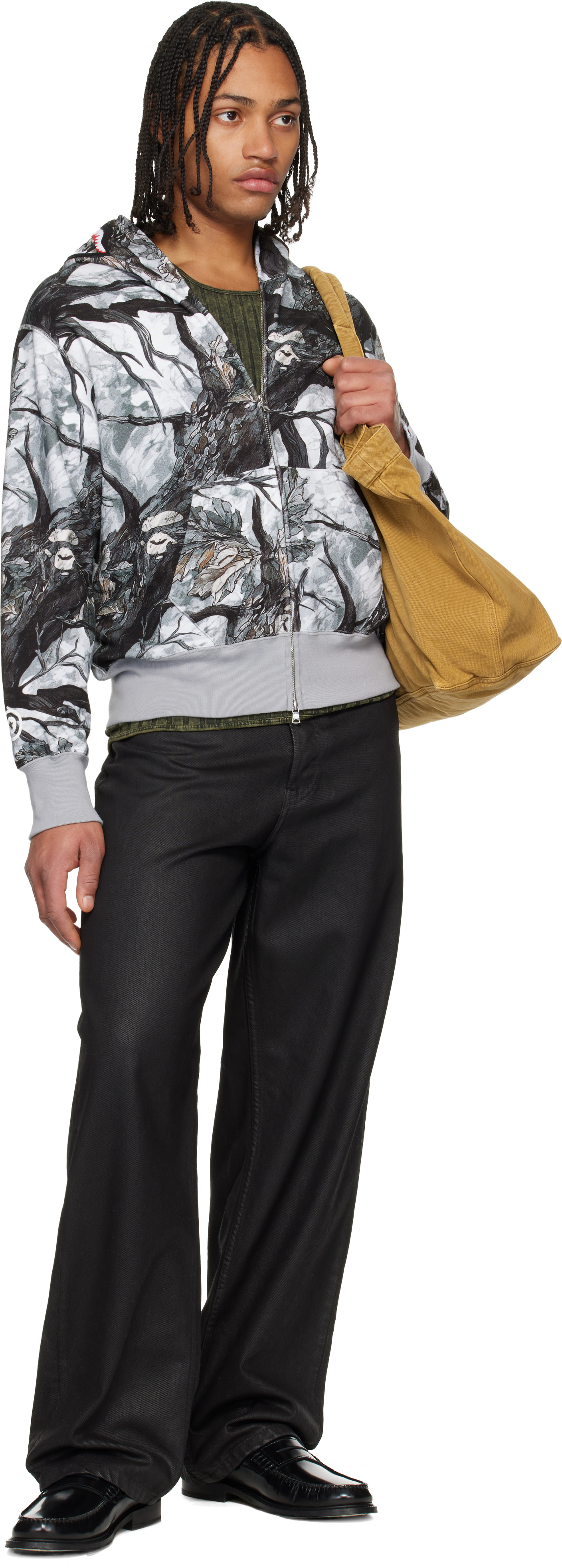 BAPE: Gray Tree Edge Camo Shark Full Zip Hoodie | SSENSE Germany