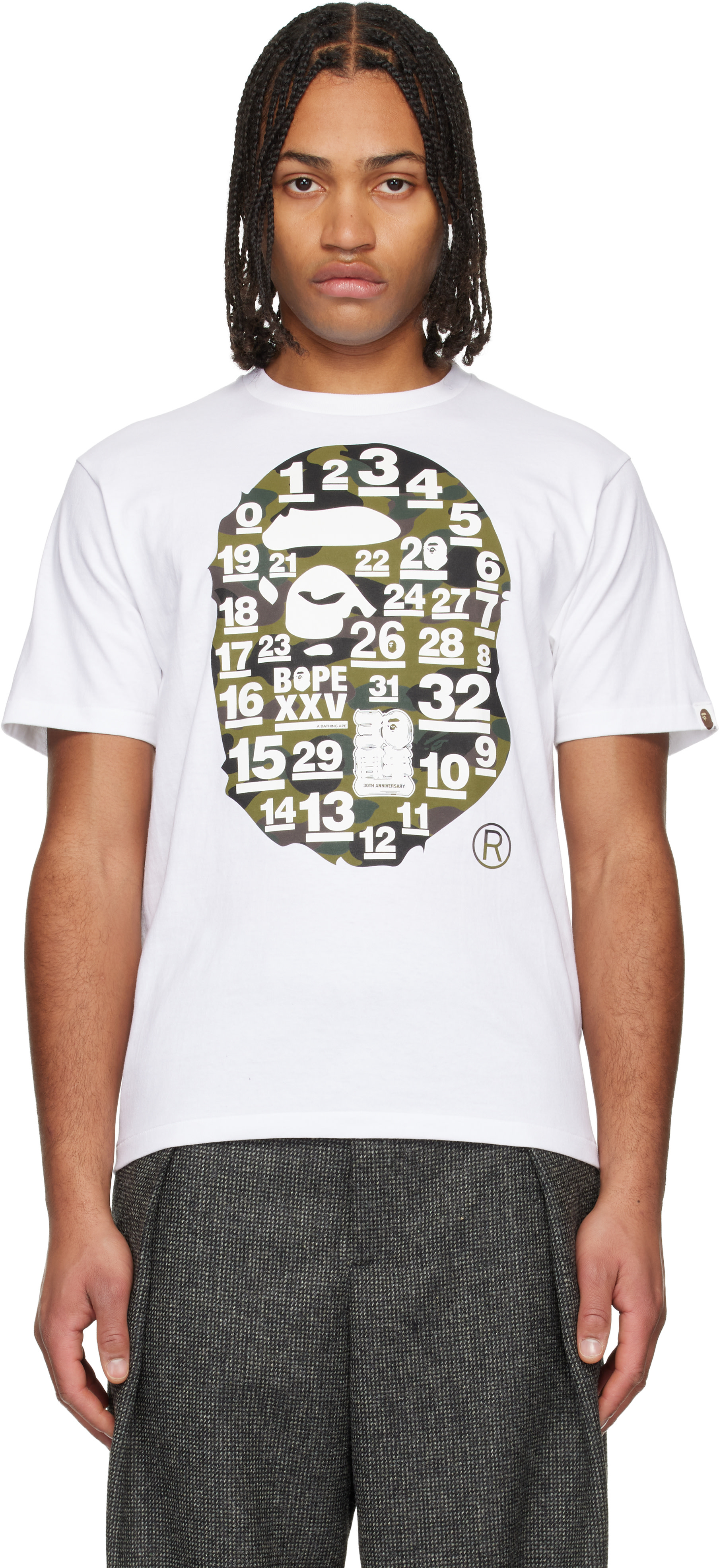 BAPE: White 32nd Anniversary 1st Camo Big Ape Head T-shirt | SSENSE