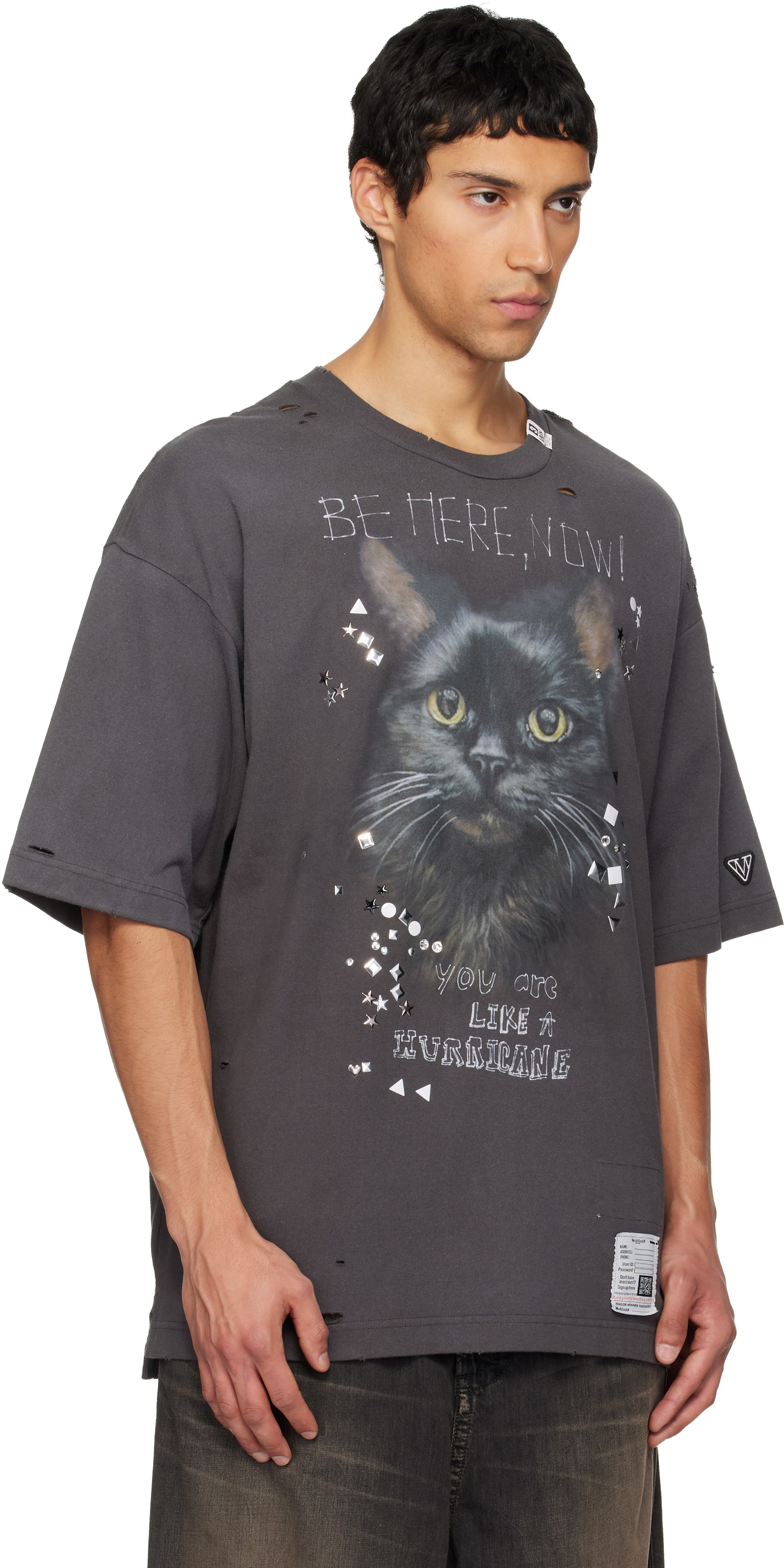 maison mihara yasuhiro tシャツ 黒　猫　シール Maison MIHARA YASUHIRO: Black Cat Printed T-shirt | SSENSE Canada