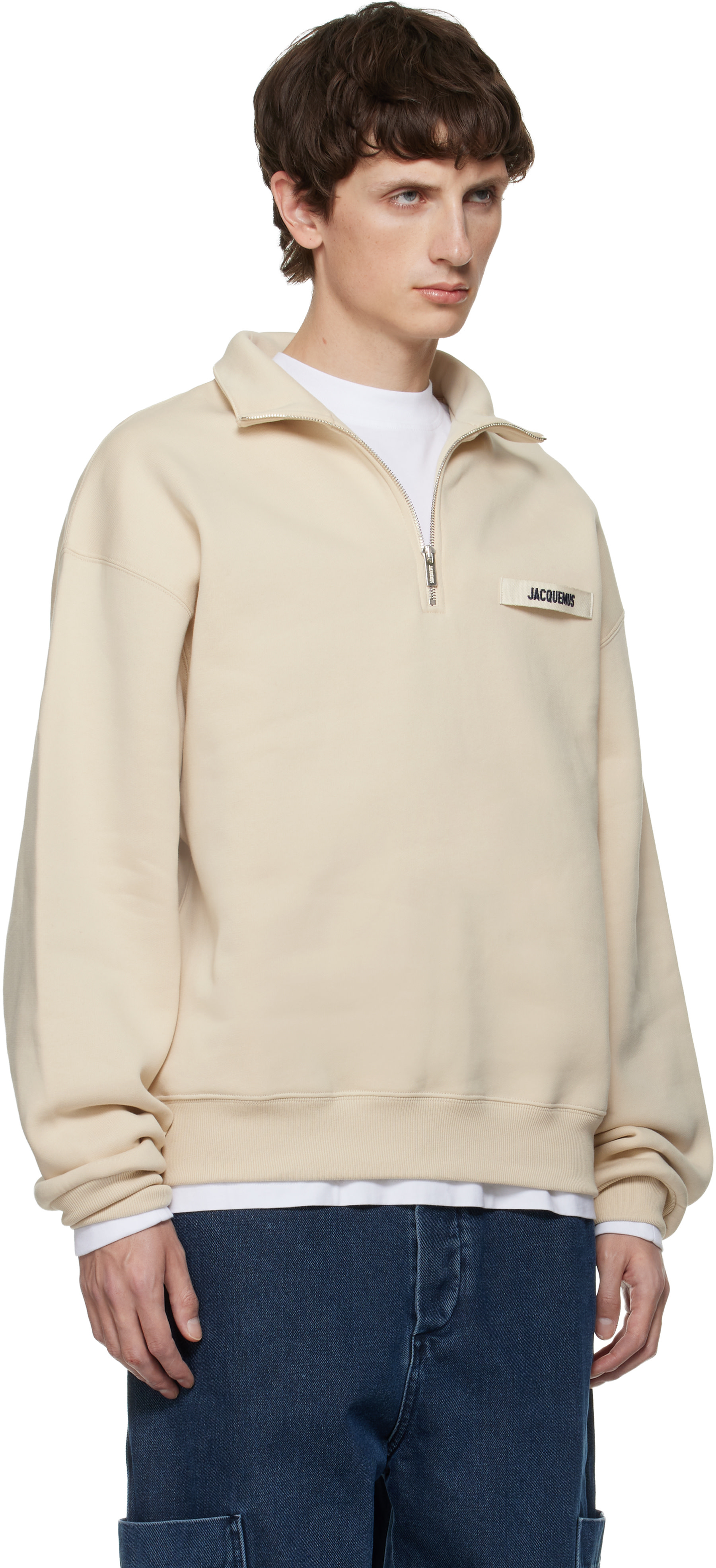 JACQUEMUS: Beige 'The Gros Grain' Zipped-Rollneck Sweatshirt | SSENSE