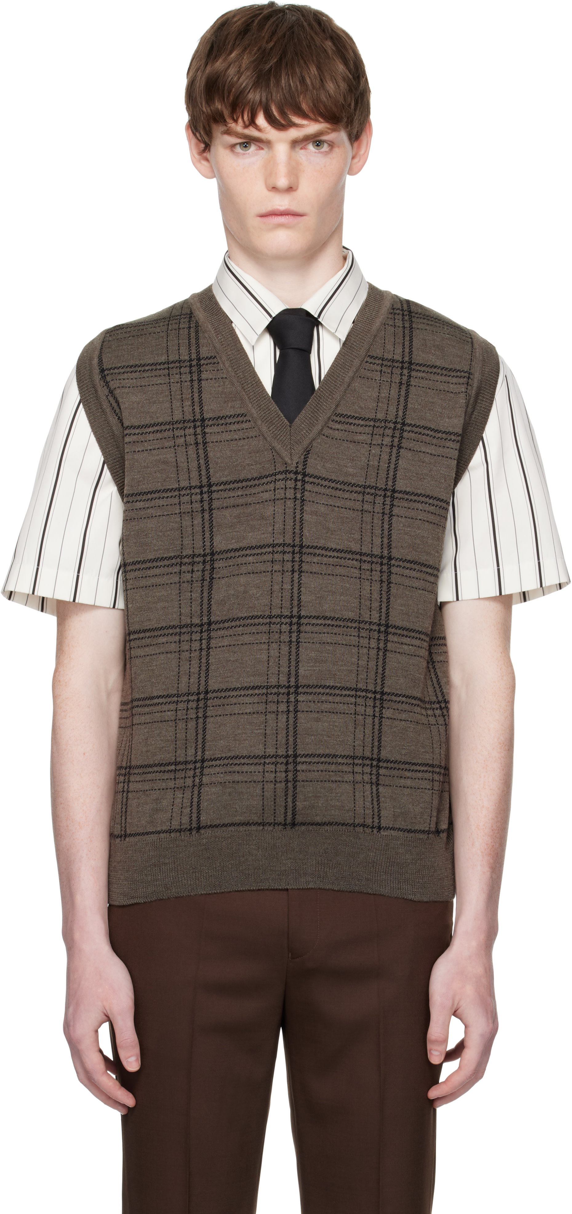 Ernest W. Baker Vest | Black - Brown Check Jacquard & Knit 