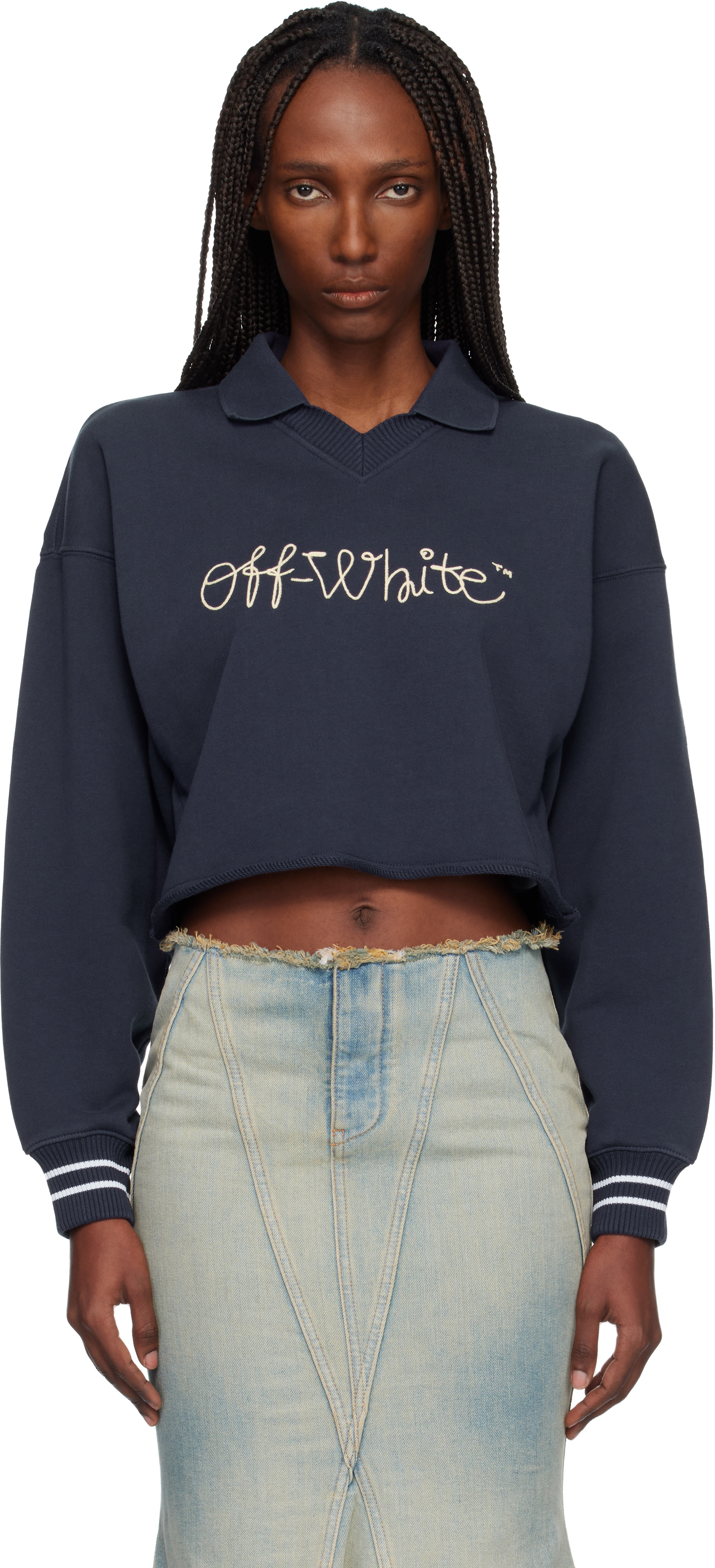 Off-White - Pull de style polo bleu marine à logo Script brodé