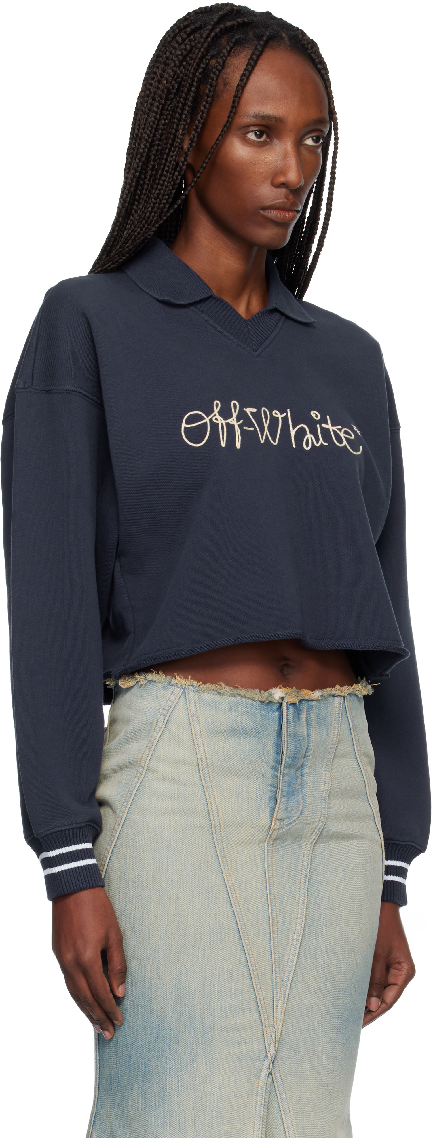 Off-White - 네이비 자수 스크립트 폴로 스웨터