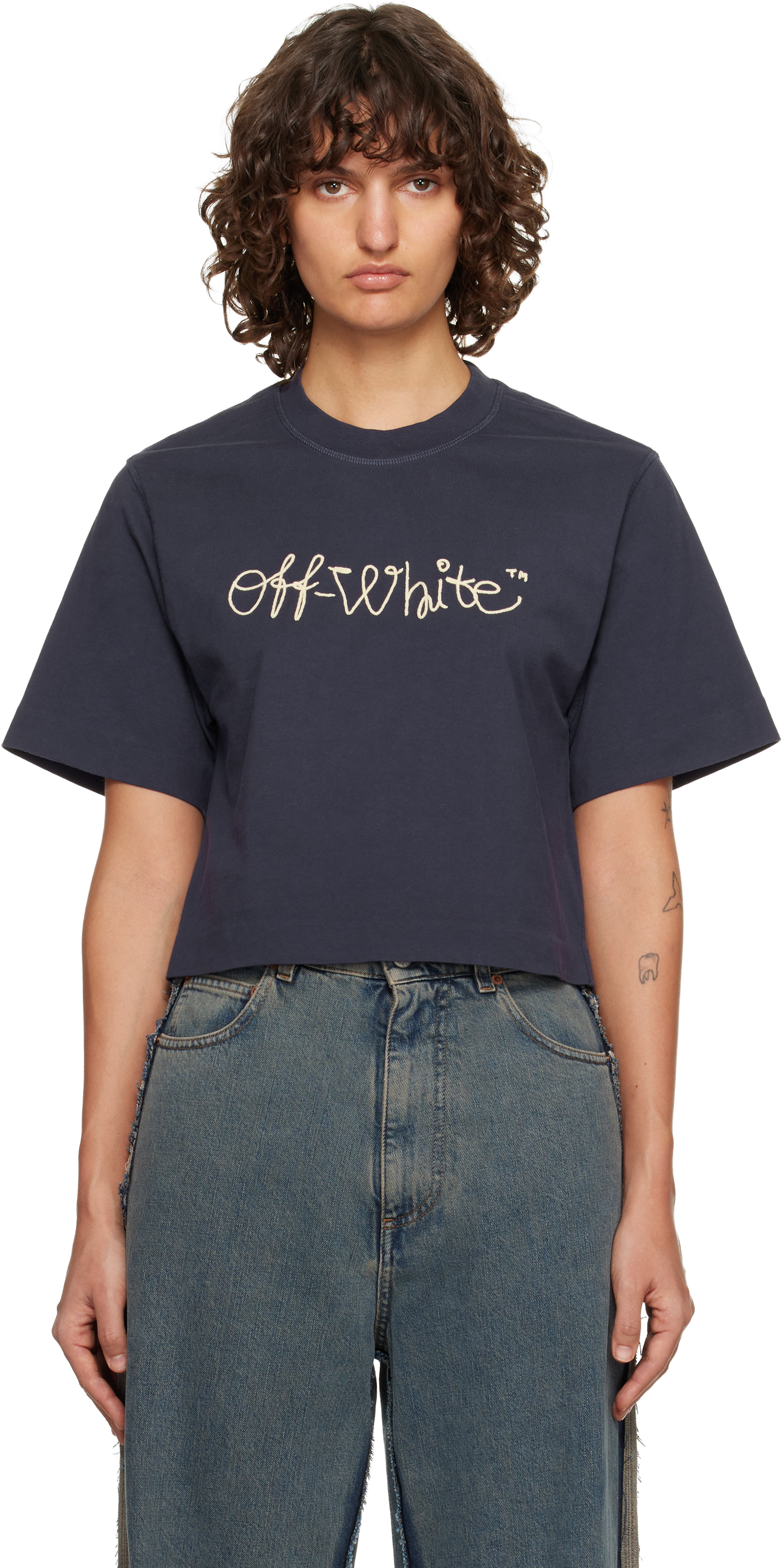 Off-White: Navy Embroidered Script Logo Crop Logo T-shirt | SSENSE