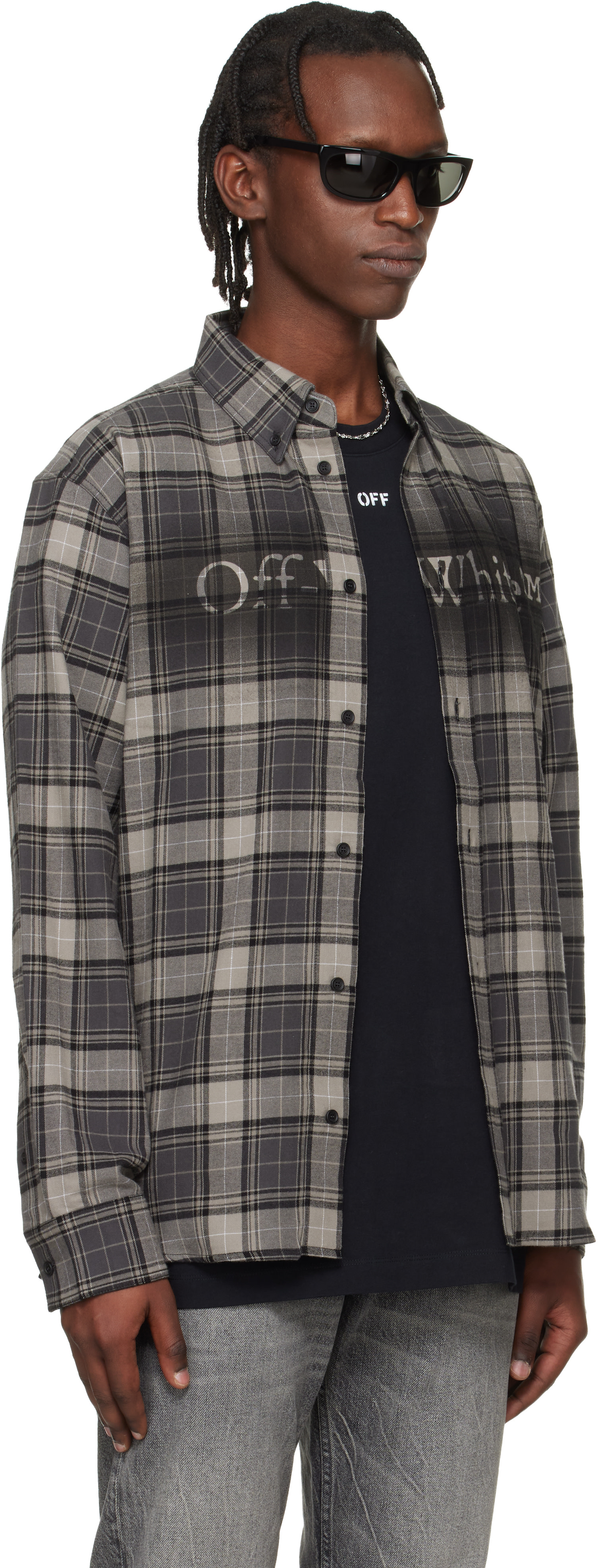 off-white spray shirt チェックシャツ Off-White: Gray Spray Book Check Flannel Shirt | SSENSE