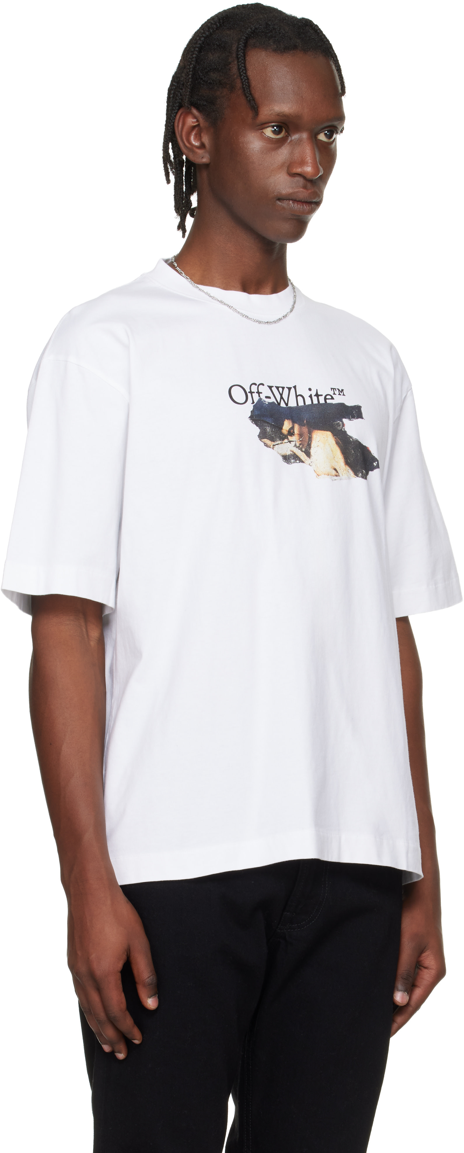 Off-White: White Paint Arrow Skate Logo T-shirt | SSENSE