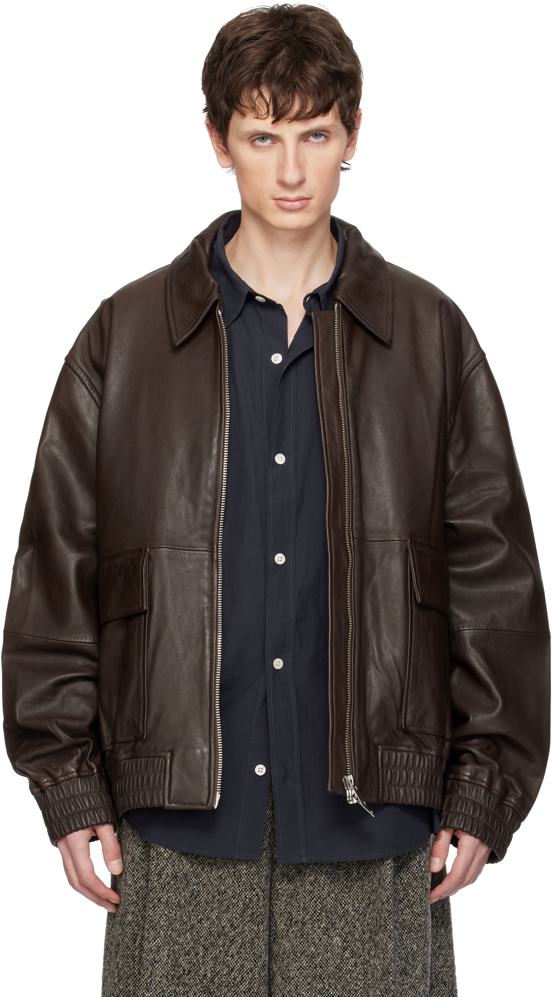 Studio Nicholson: Brown Piston Leather Jacket | SSENSE