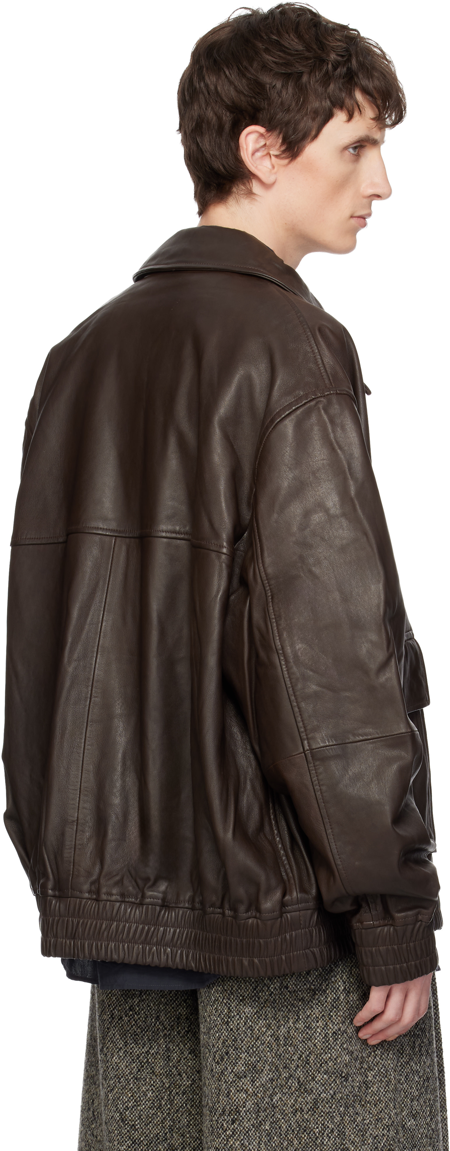 Studio Nicholson: Brown Piston Leather Jacket | SSENSE Mexico