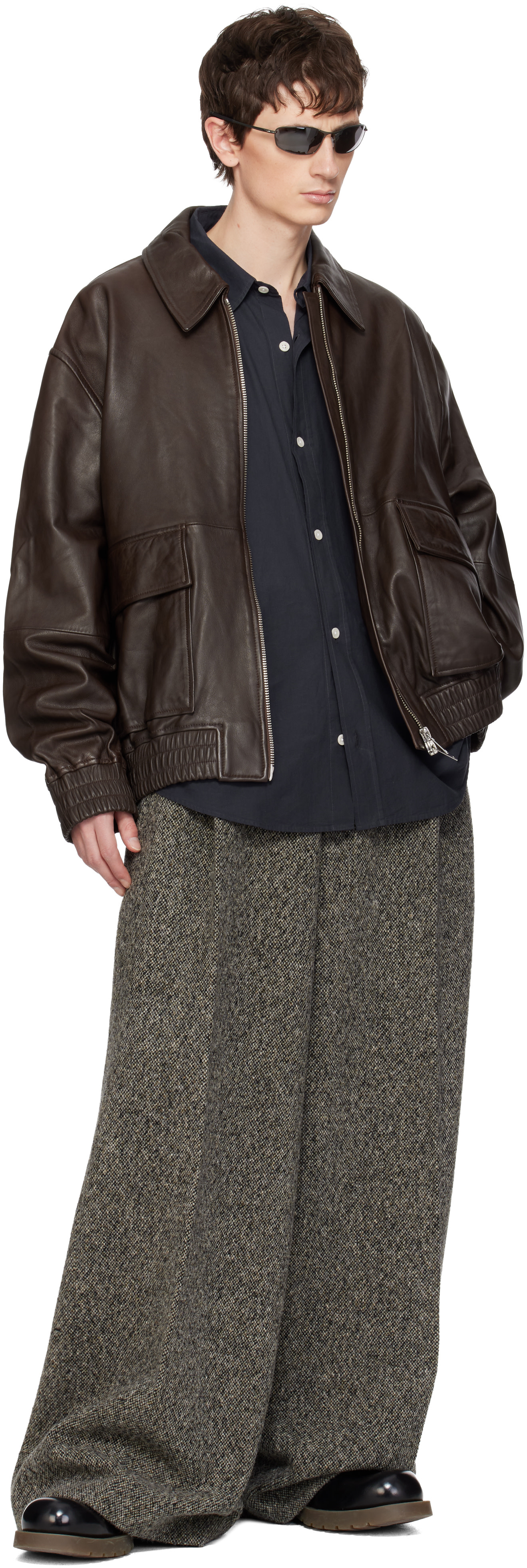Studio Nicholson: Brown Piston Leather Jacket | SSENSE Denmark