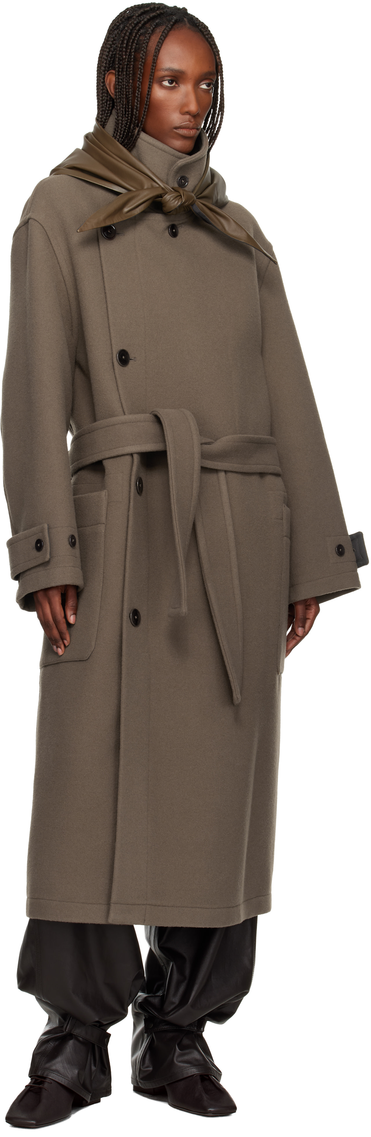 LEMAIRE: Khaki Large Leather Triangle Scarf | SSENSE