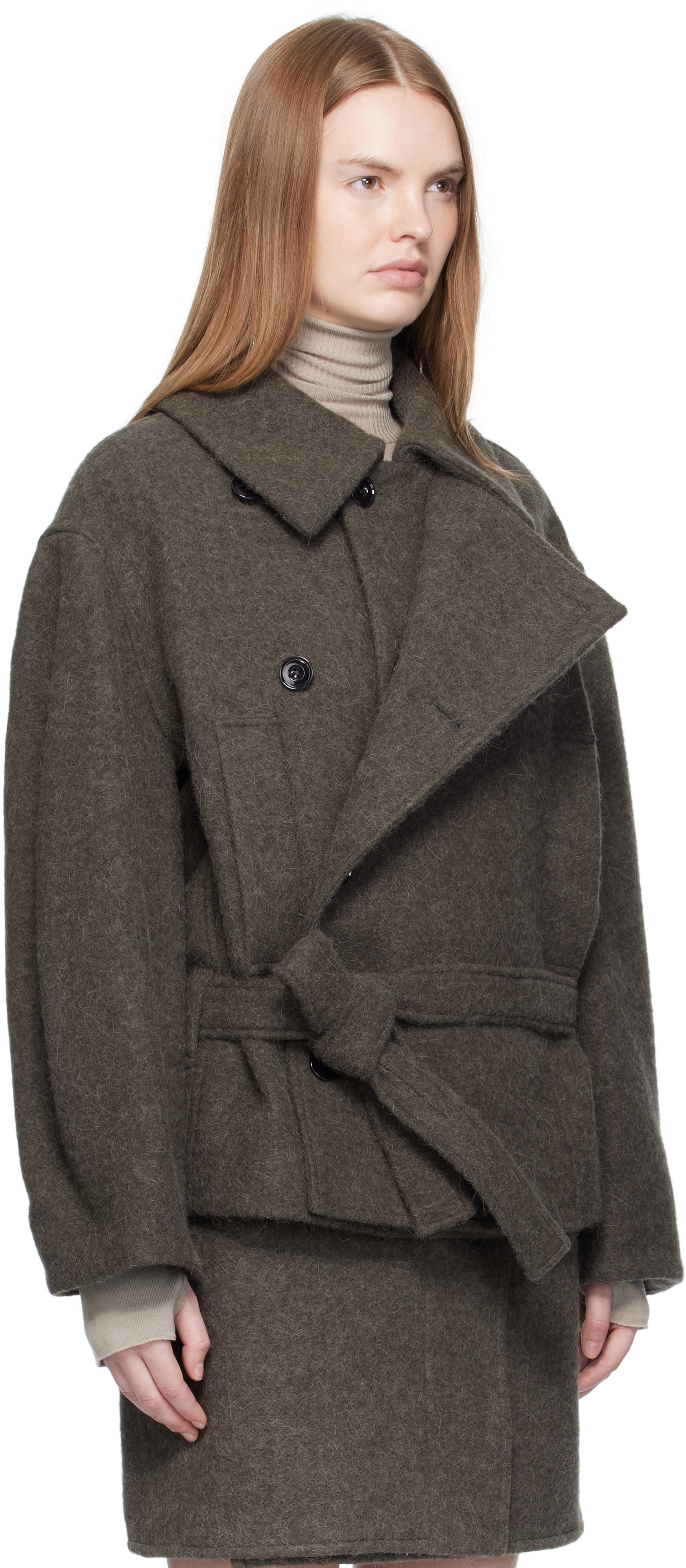 ジャケット・アウター LEMAIRE ASYMMETRICAL BATHROBE COAT LEMAIRE: Khaki Short Asymmetrical Bathrobe Coat | SSENSE