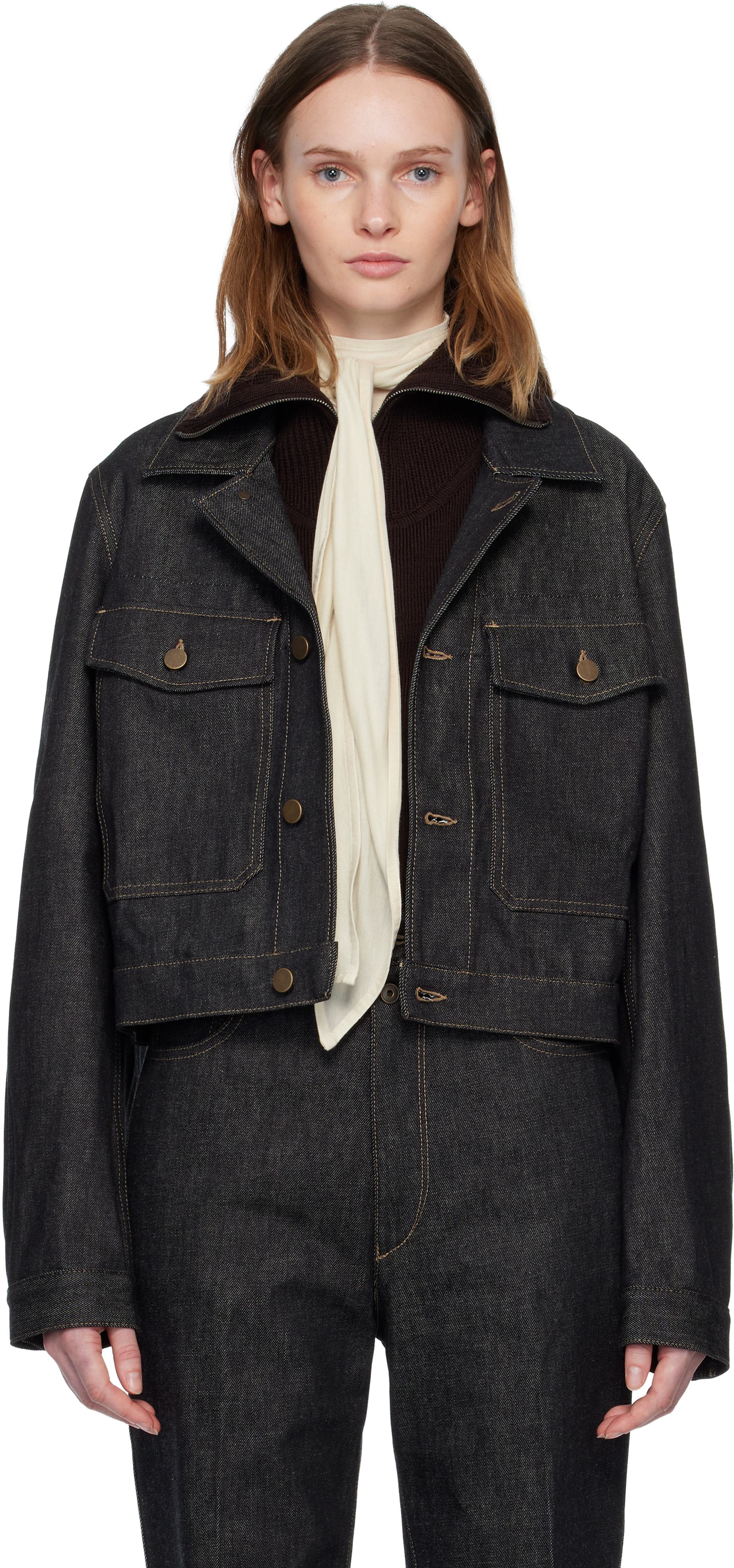 LEMAIRE: Navy Cropped Blouson Denim Jacket | SSENSE Canada