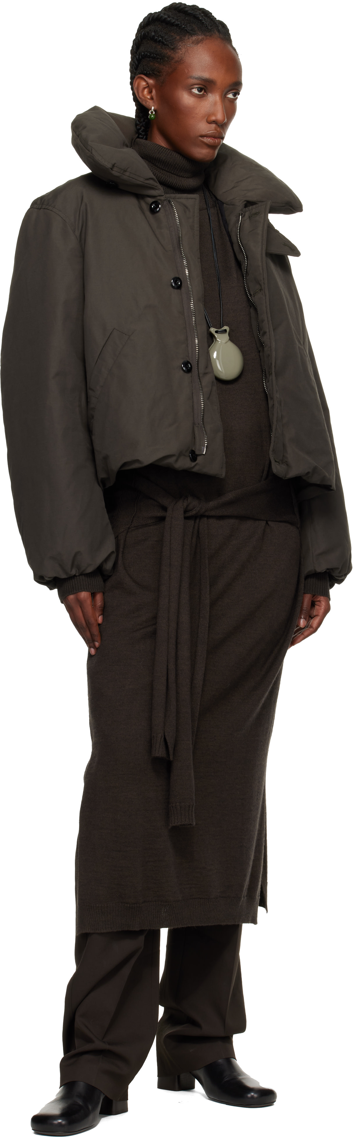 LEMAIRE: Brown Short Puffer Blouson Down Jacket | SSENSE LEMAIRE: Brown Short Puffer Blouson Down Jacket | SSENSE