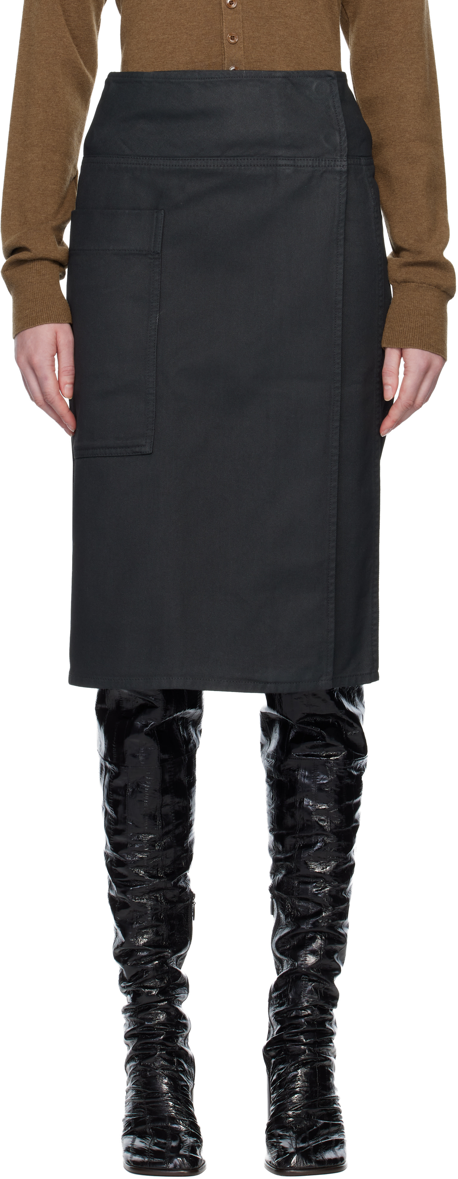 LEMAIRE: Gray Apron Denim Midi Skirt | SSENSE