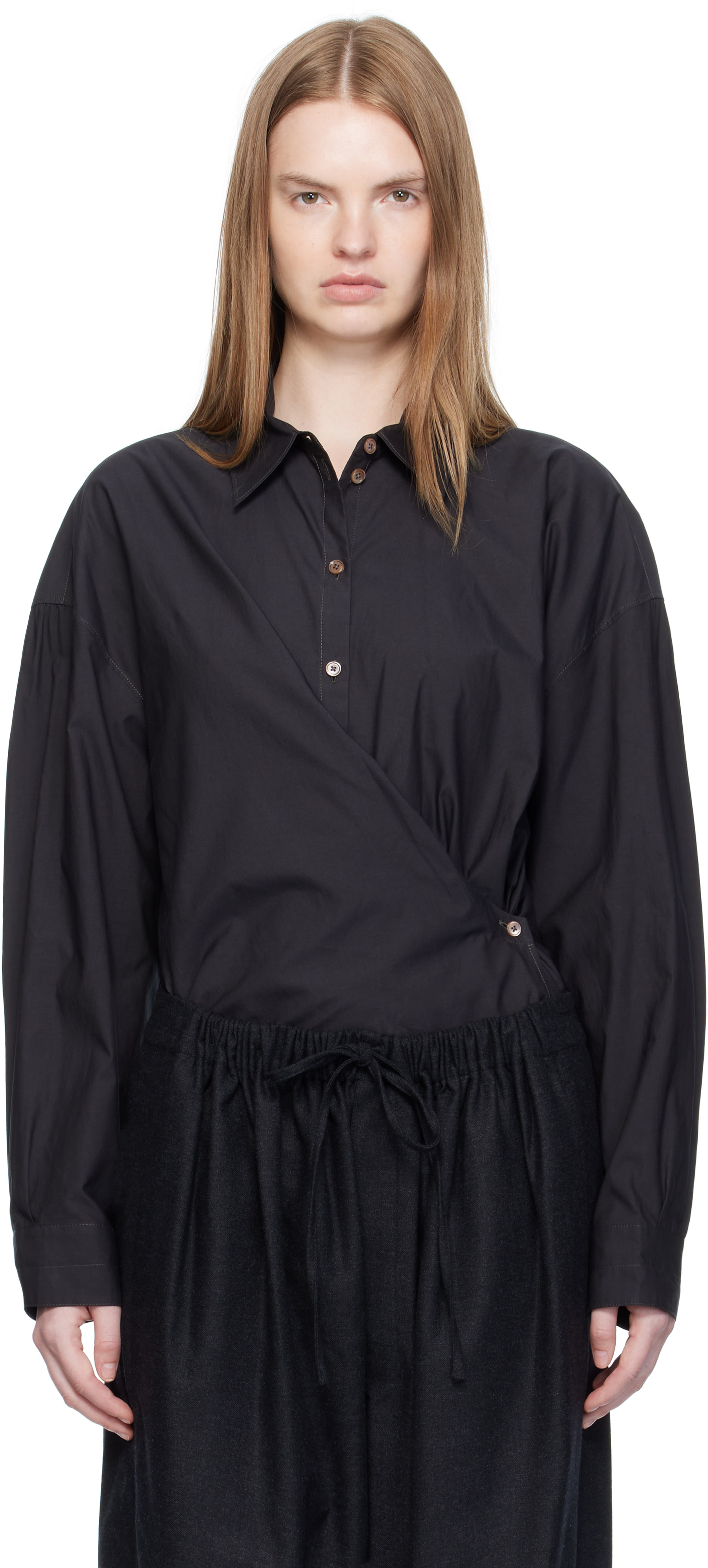 LEMAIRE: Black Straight Collar Twisted Shirt | SSENSE