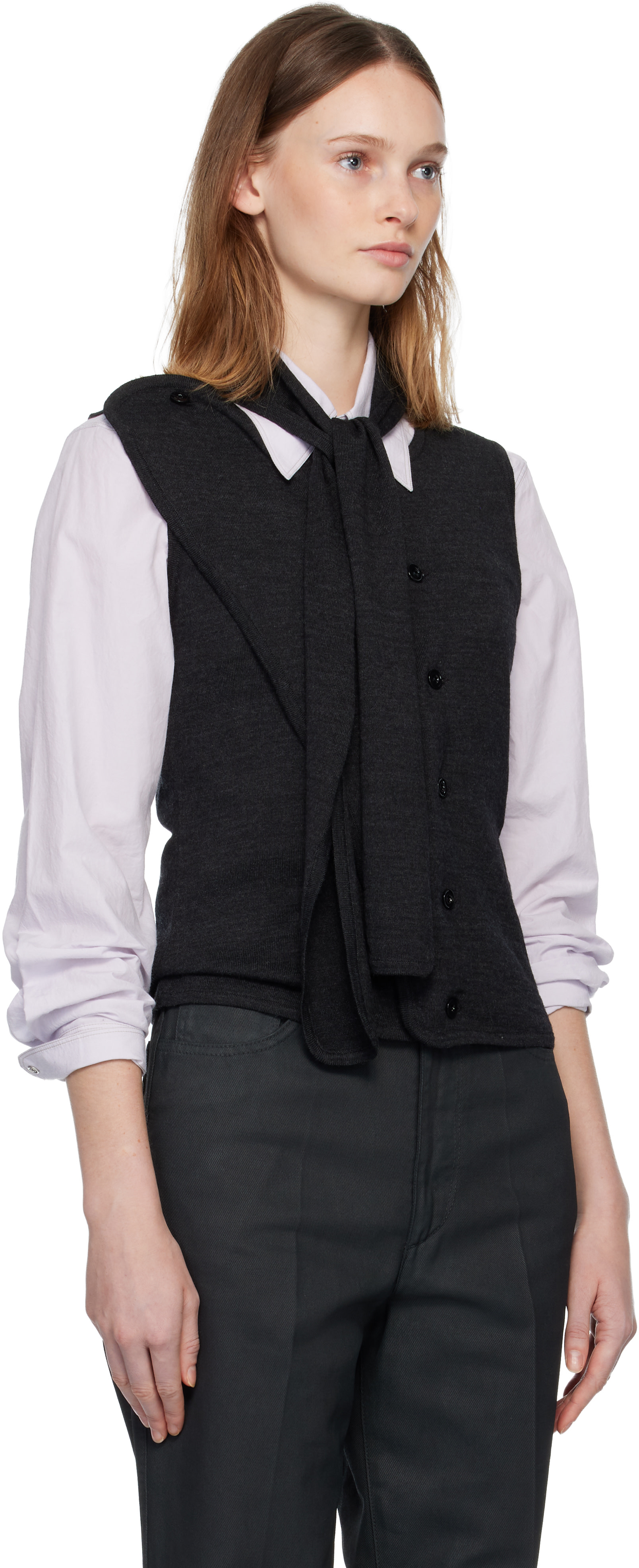 LEMAIRE Mサイズ グレー系カーディガン LEMAIRE: Gray Asymmetrical Sleeveless Cardigan | SSENSE
