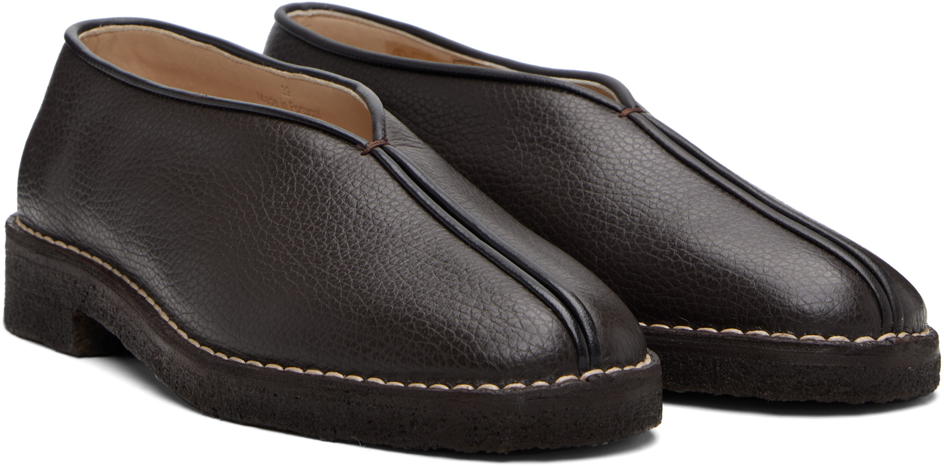 LEMAIRE: Brown Piped Crepe Slipper Loafers | SSENSE