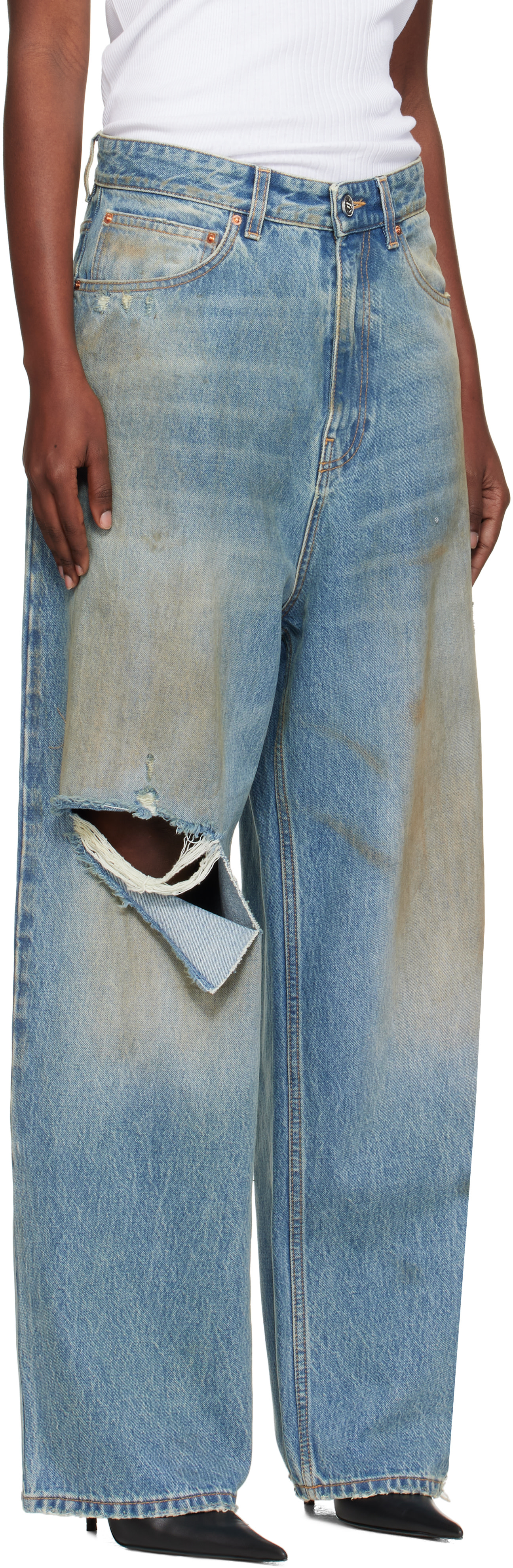 VETEMENTS - Jean ample bleu à effet usé