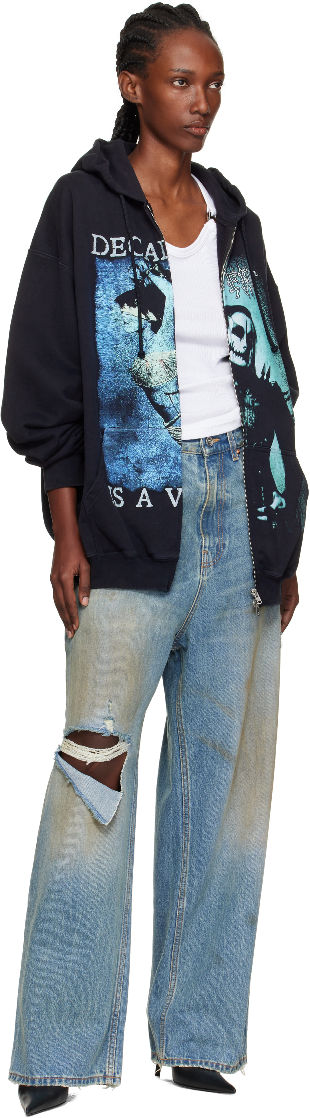 VETEMENTS - Jean ample bleu à effet usé