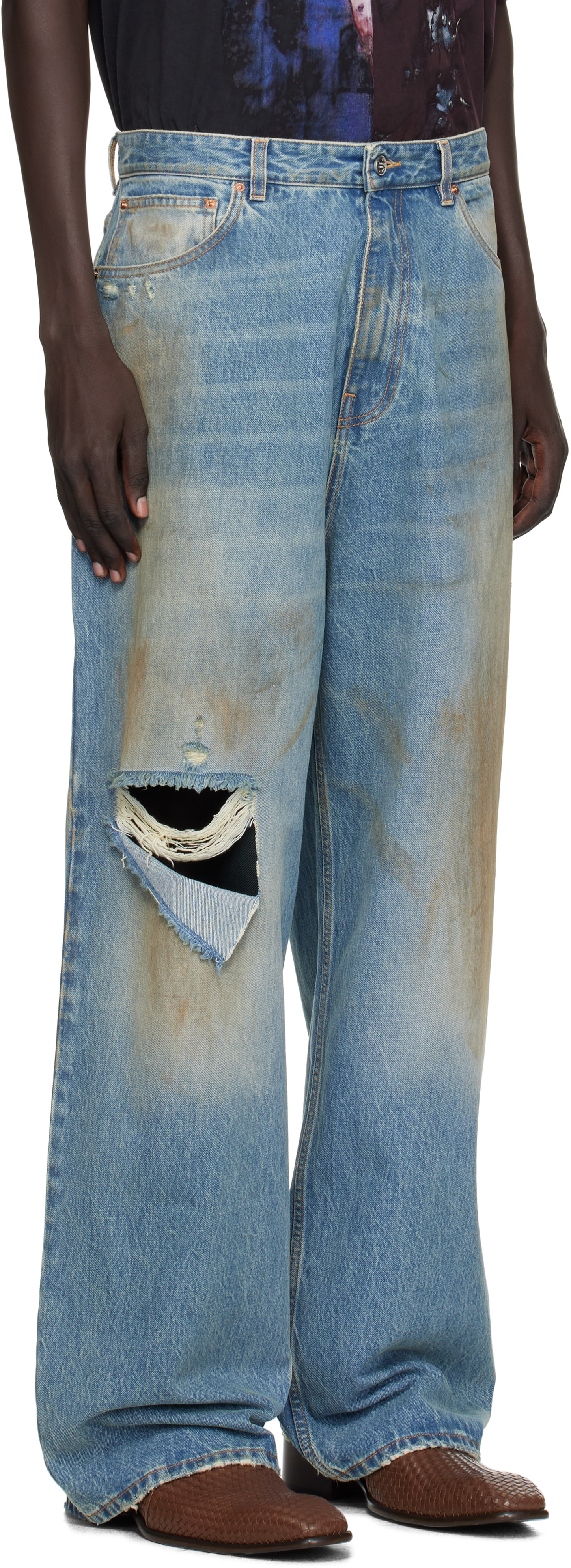 VETEMENTS - Jean ample bleu à effet usé