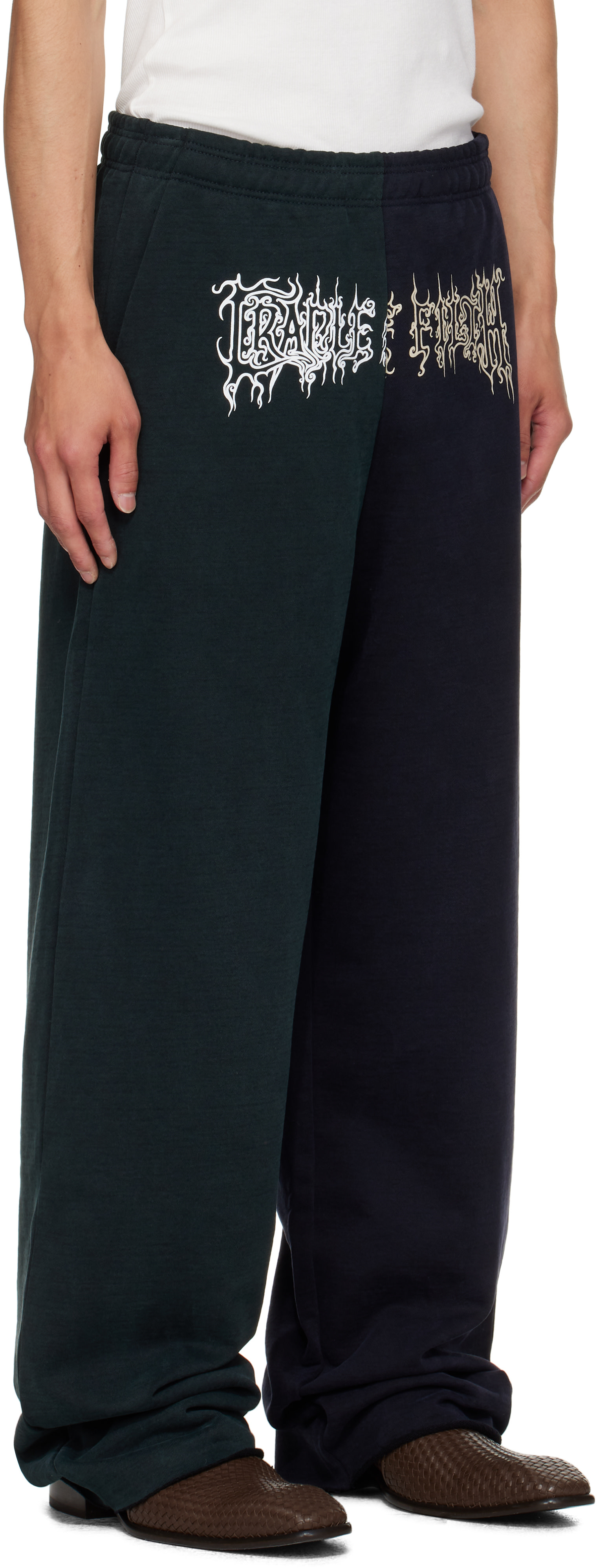 VETEMENTS: Green & Navy Cradle of Filth Cut-Up Baggy Sweatpants