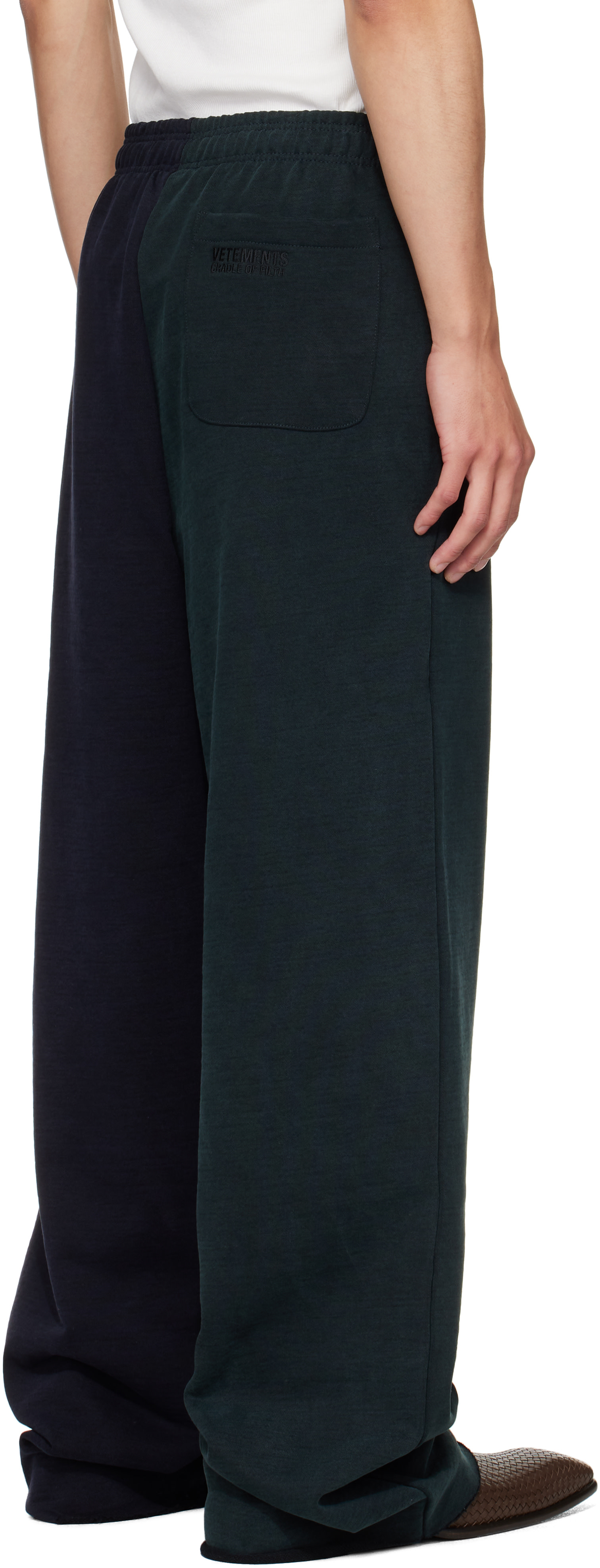 VETEMENTS: Green & Navy Cradle of Filth Cut-Up Baggy Sweatpants