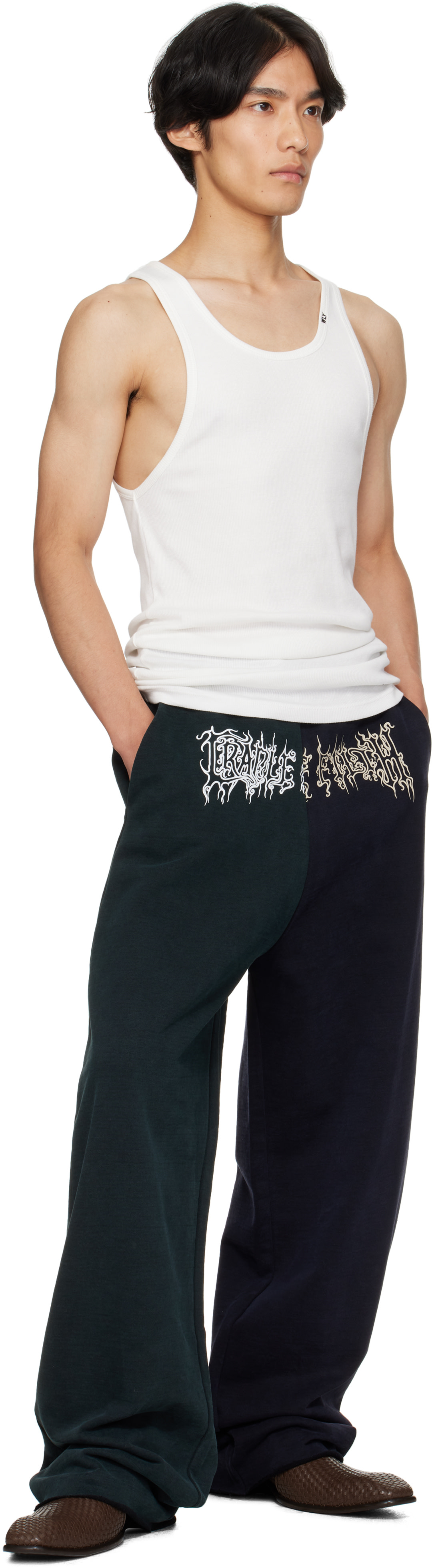 VETEMENTS: Green & Navy Cradle of Filth Cut-Up Baggy Sweatpants