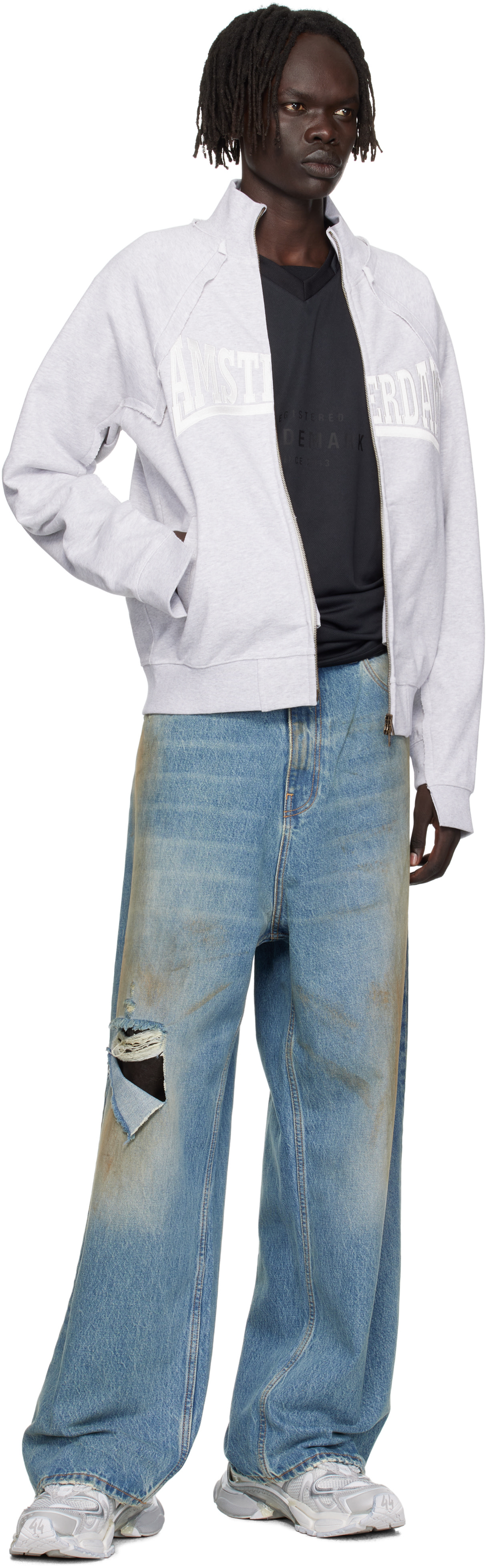 VETEMENTS: Gray 'Amsterdam' Patched Zip Sweatshirt | SSENSE