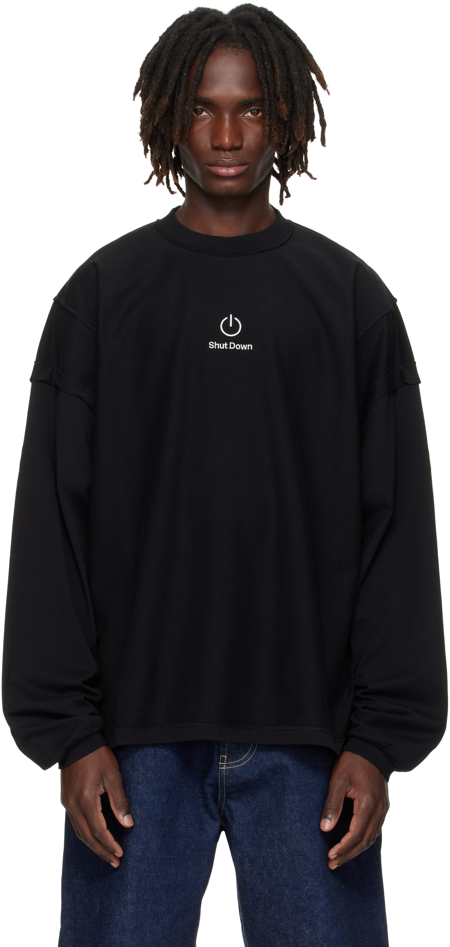 VETEMENTS: Black 'Shut Down' Embroidered Longsleeve Sweatshirt