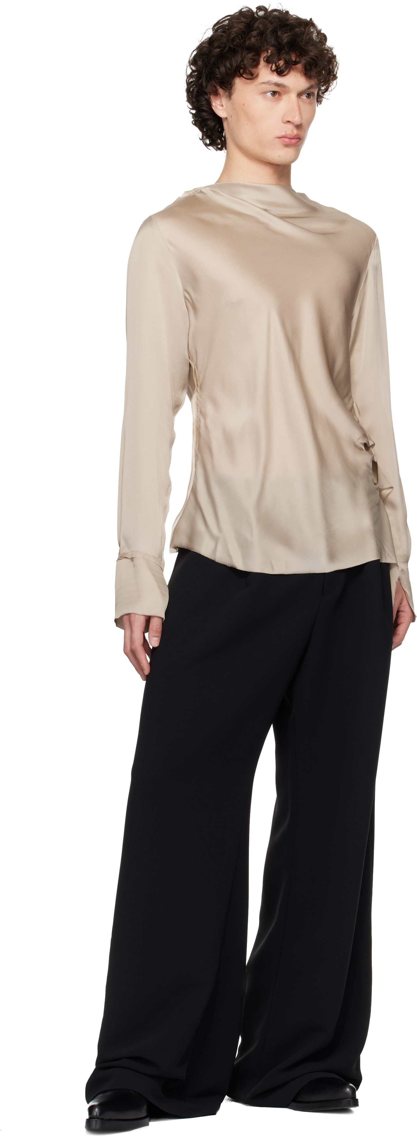AARON ESH: Taupe Draped Neck Long Sleeve Silk Blouse | SSENSE