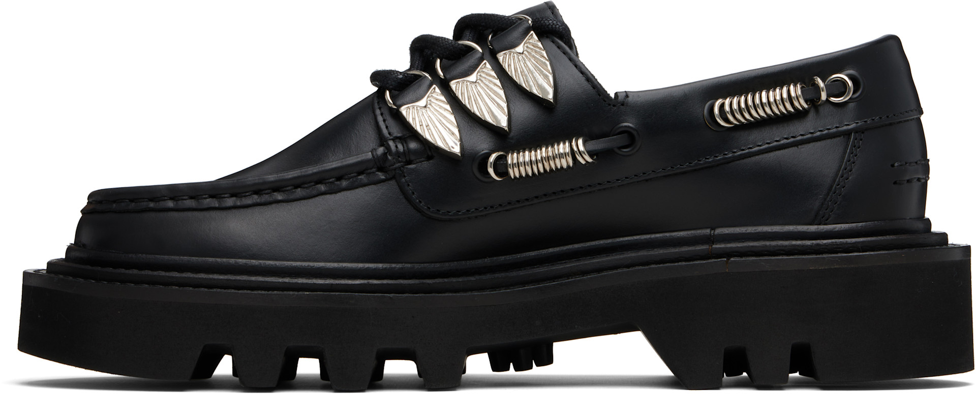 Toga Virilis: Black Hard Leather Boat Shoes | SSENSE