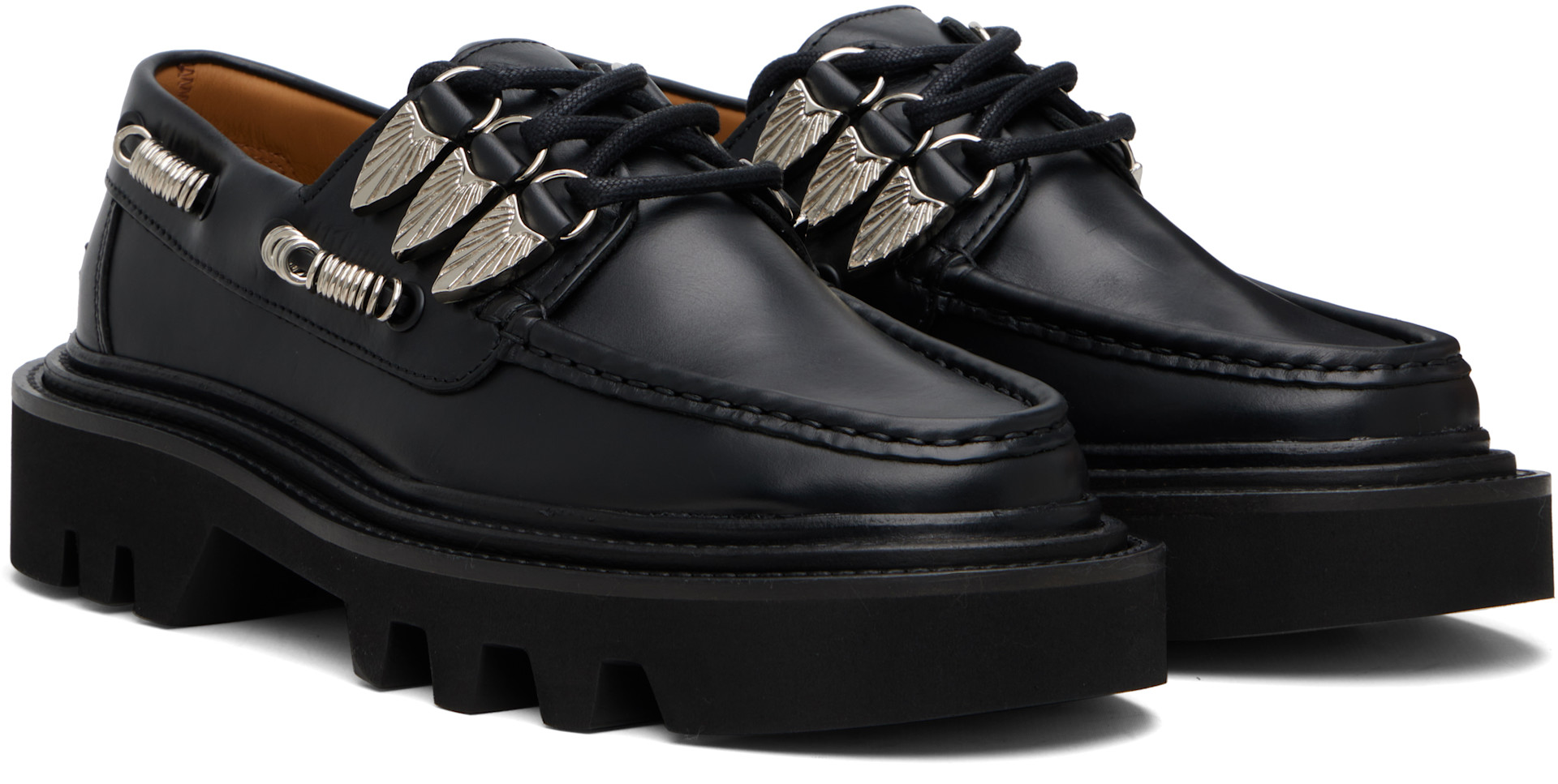 Toga Virilis: Black Hard Leather Boat Shoes | SSENSE