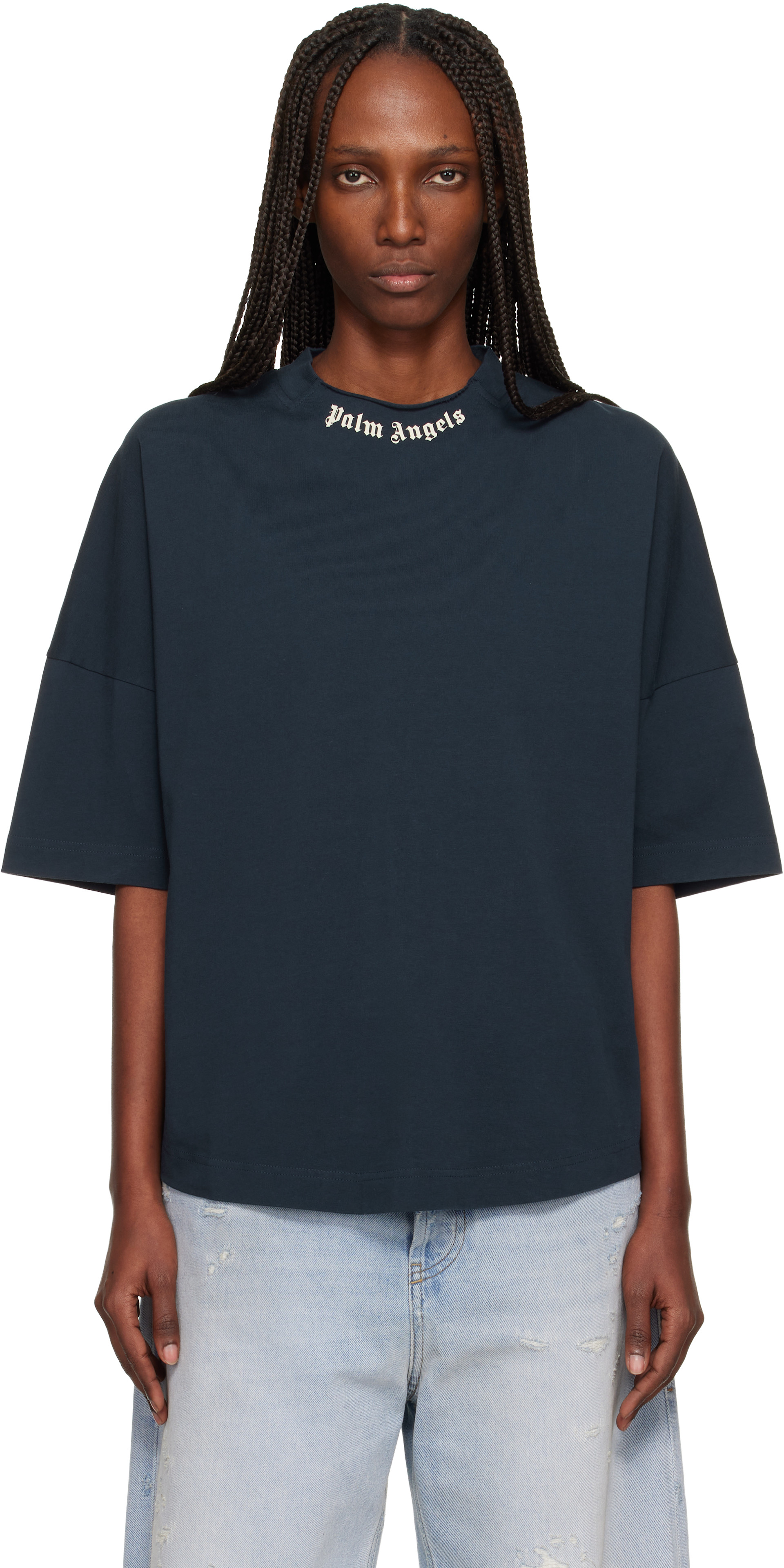 Palm Angels: Navy Curved Logo Collar Over T-shirt | SSENSE Austria