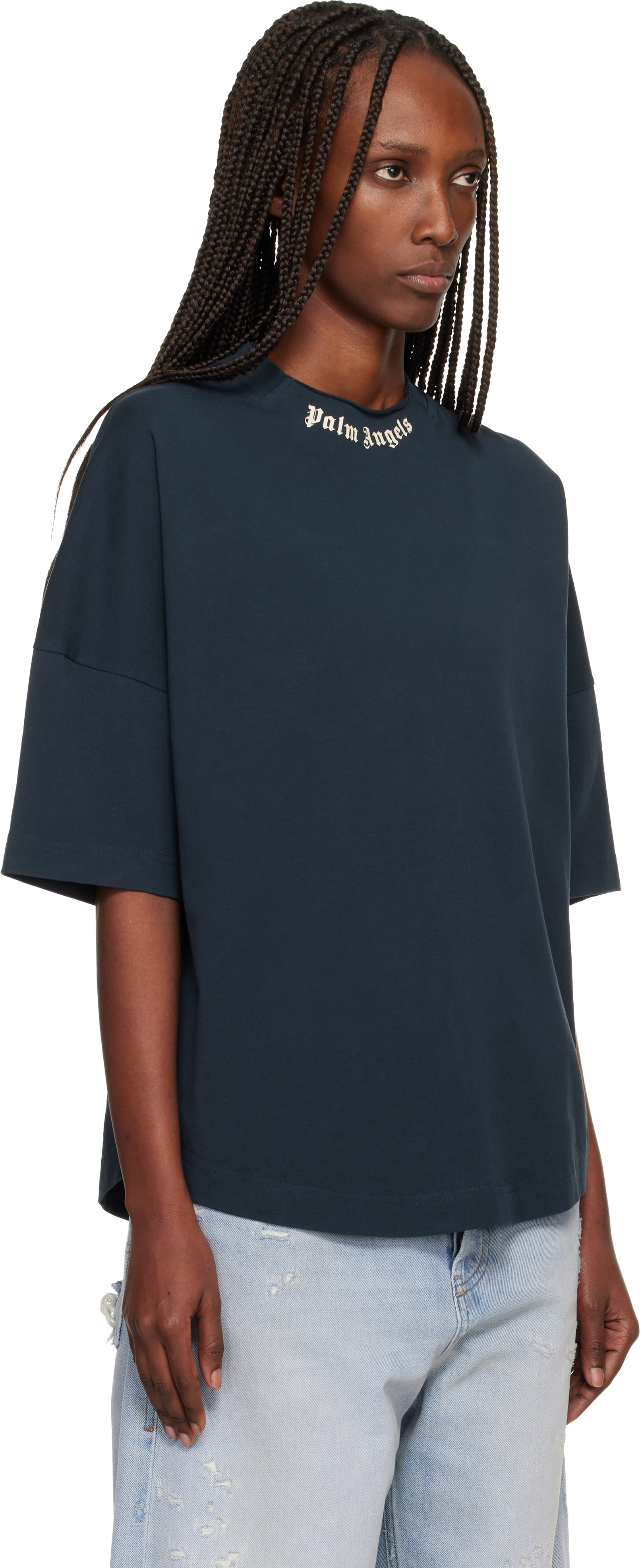 Palm Angels: Navy Curved Logo Collar Over T-shirt | SSENSE