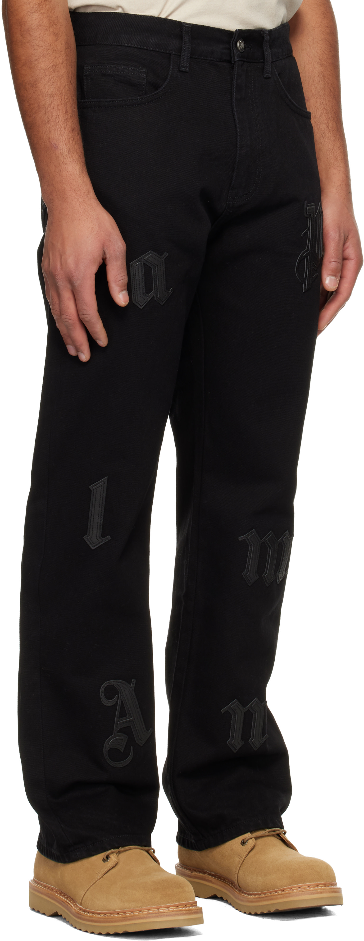 Palm Angels: Black Logo Patch Straight Jeans | SSENSE