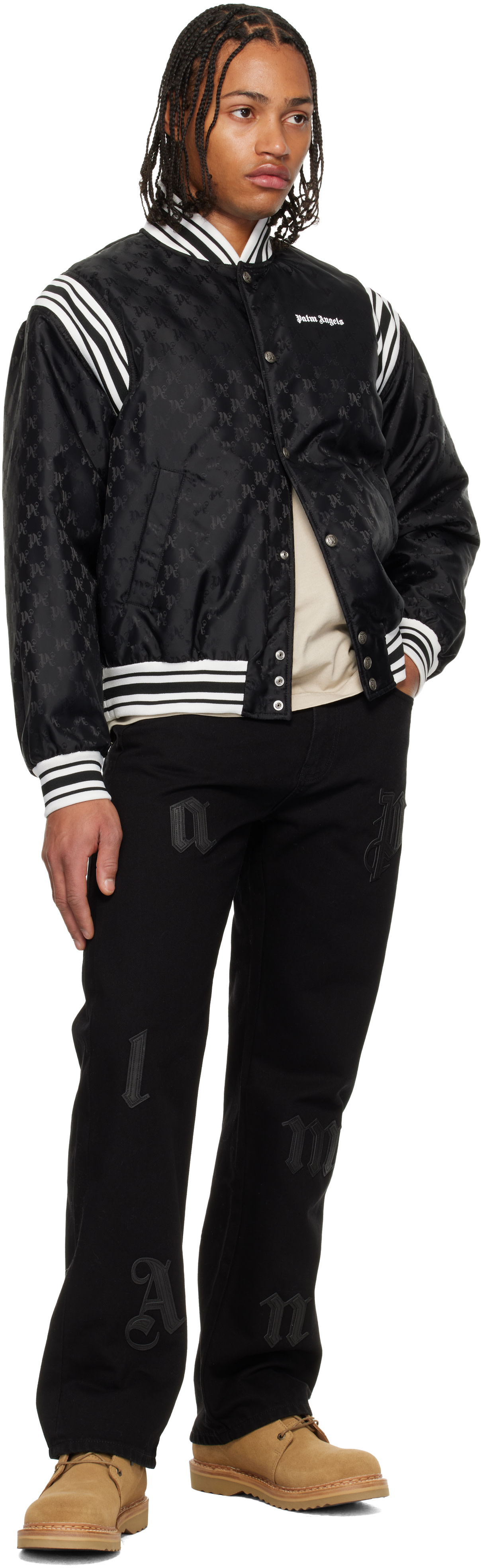 Palm Angels: Black Logo Patch Straight Jeans | SSENSE