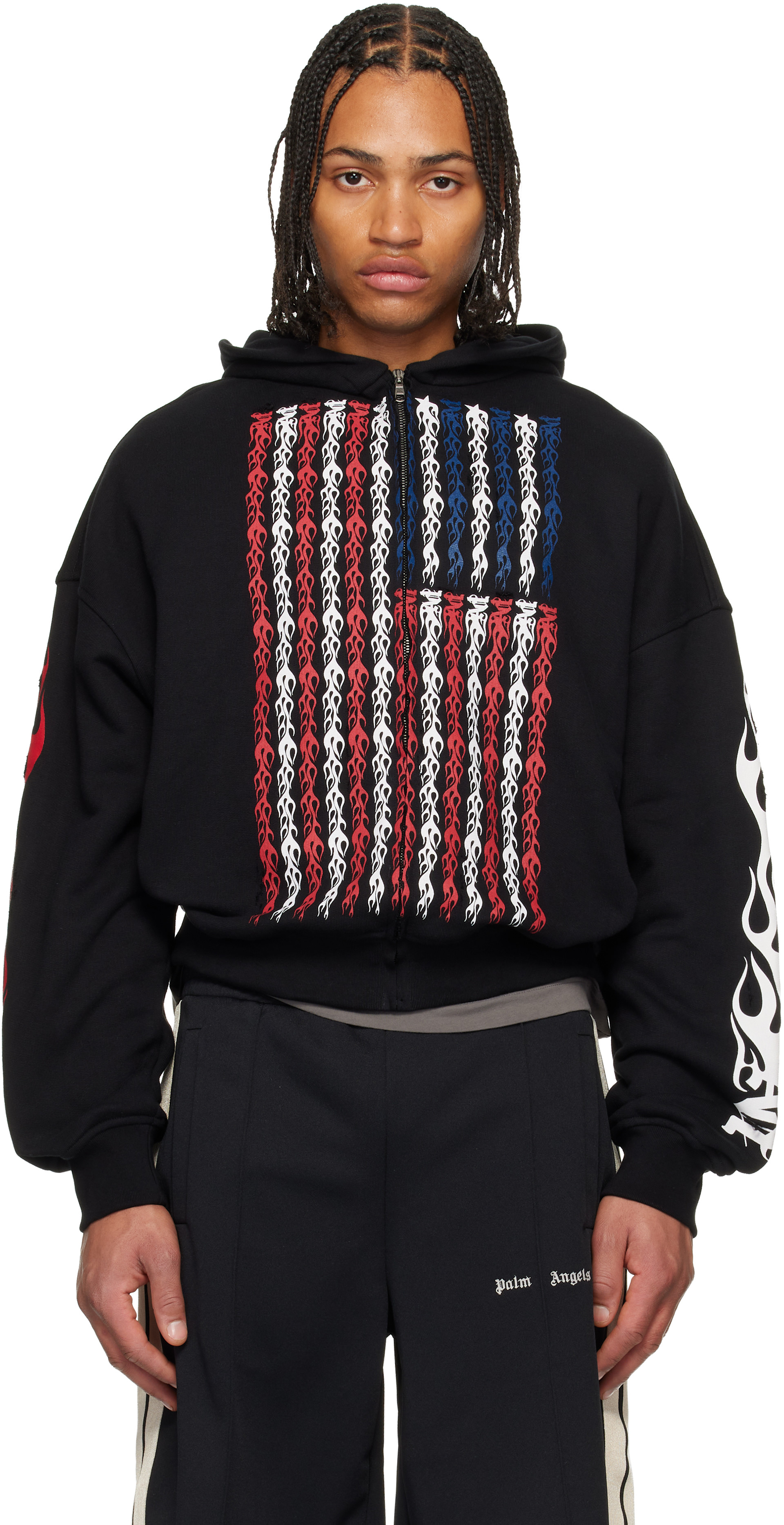 Palm Angels: Black Flames Flag Zip Hoodie | SSENSE